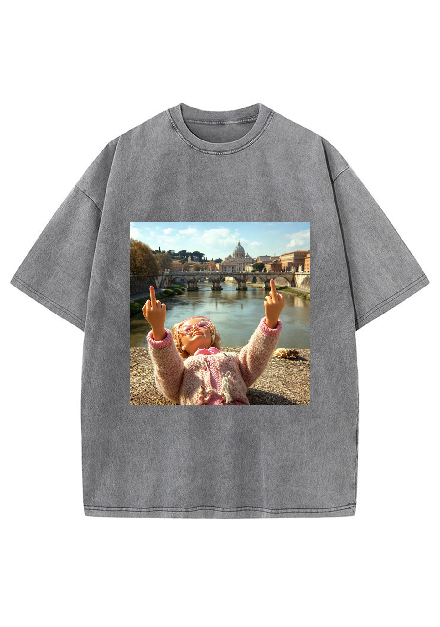 Double Middle Finger Barbie in Rome Washed T-Shirt