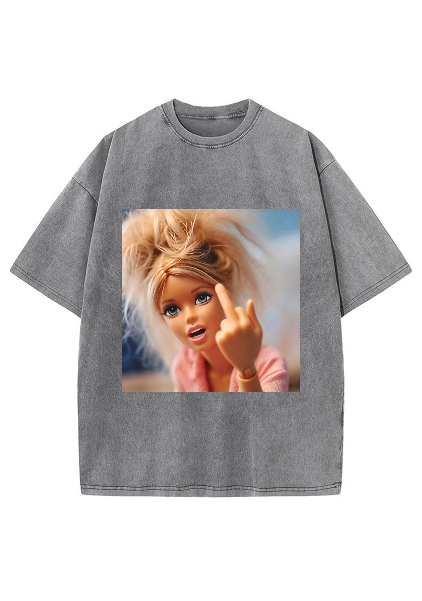 Messy Hair Middle Finger Barbie Meme Washed T-Shirt