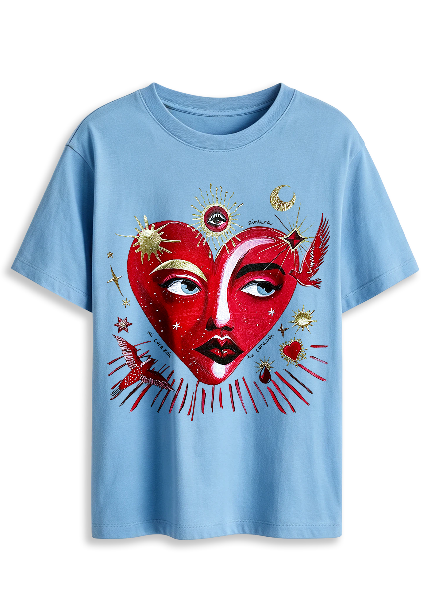 Sun Moon Star Bird Mystical Art Graphic T-Shirt