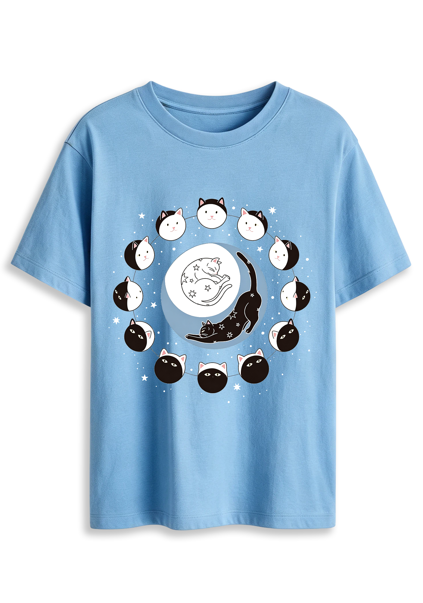 Cute Cat Moon Phase Starry Sky Kitten Graphic T-Shirt