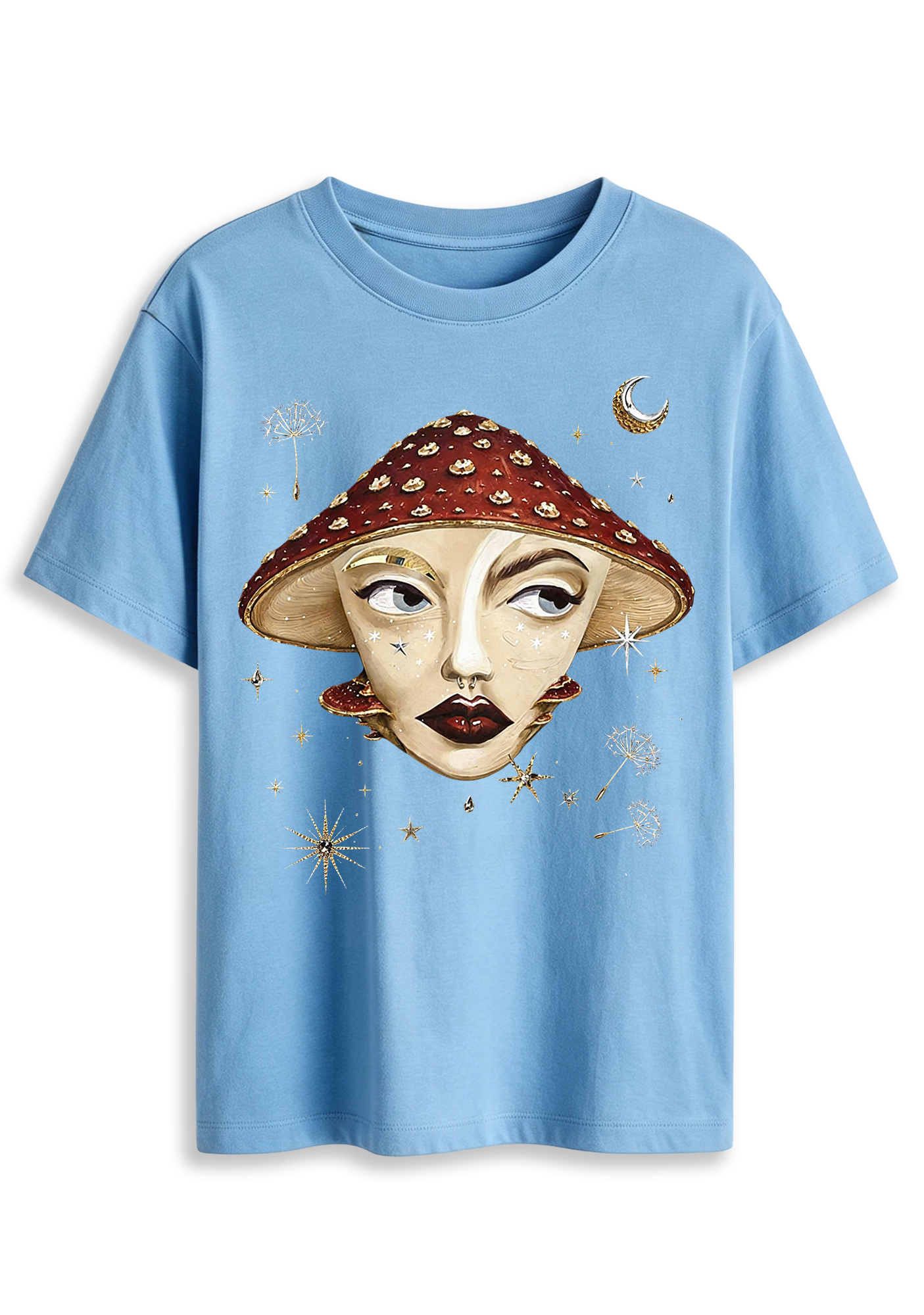 Mystical Mushroom Face Moon Star Whimsical Art Graphic T-Shirt
