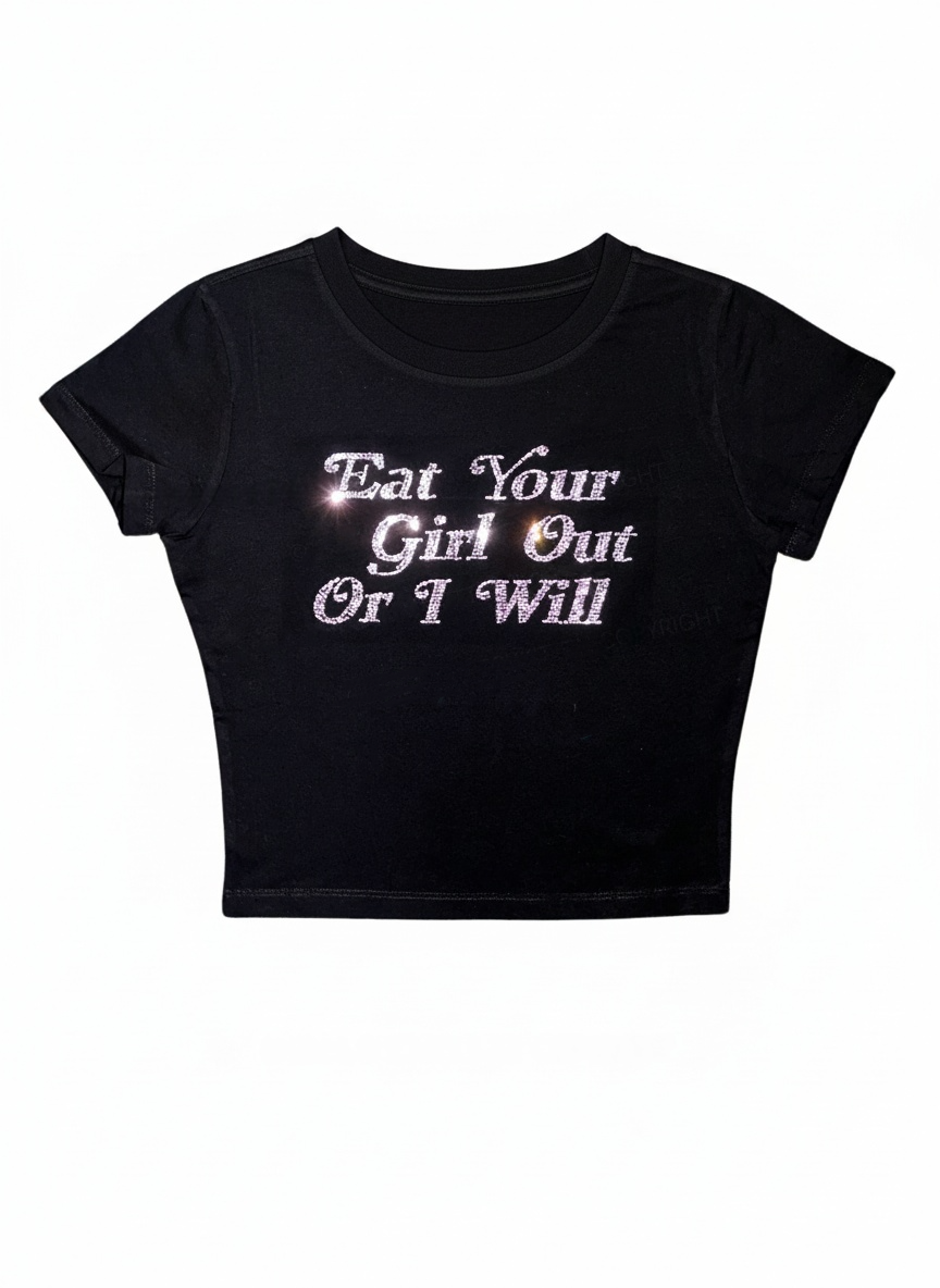 Eat Your Girl Rhinestone Y2K Baby Tee
