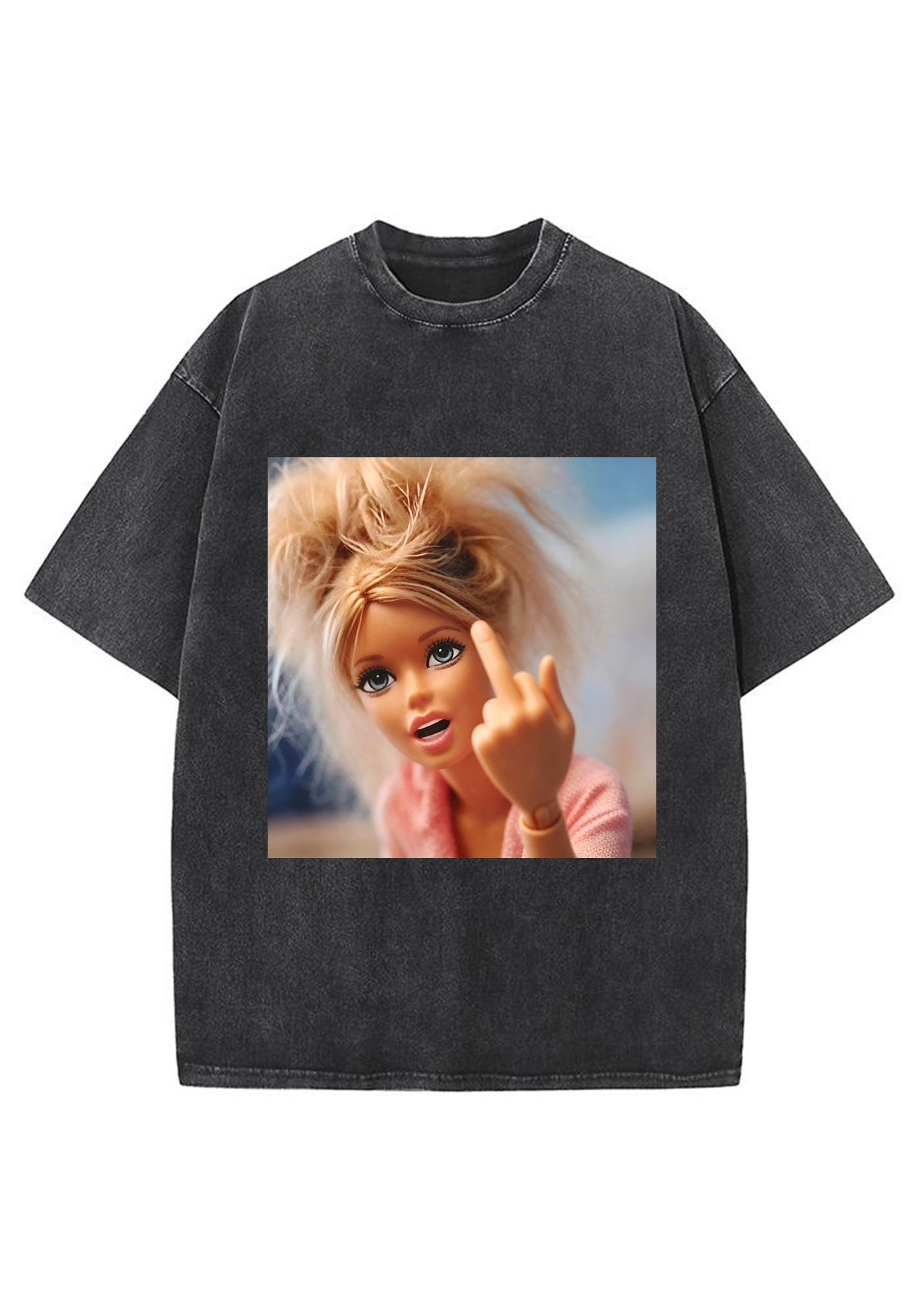 Messy Hair Middle Finger Barbie Meme Washed T-Shirt