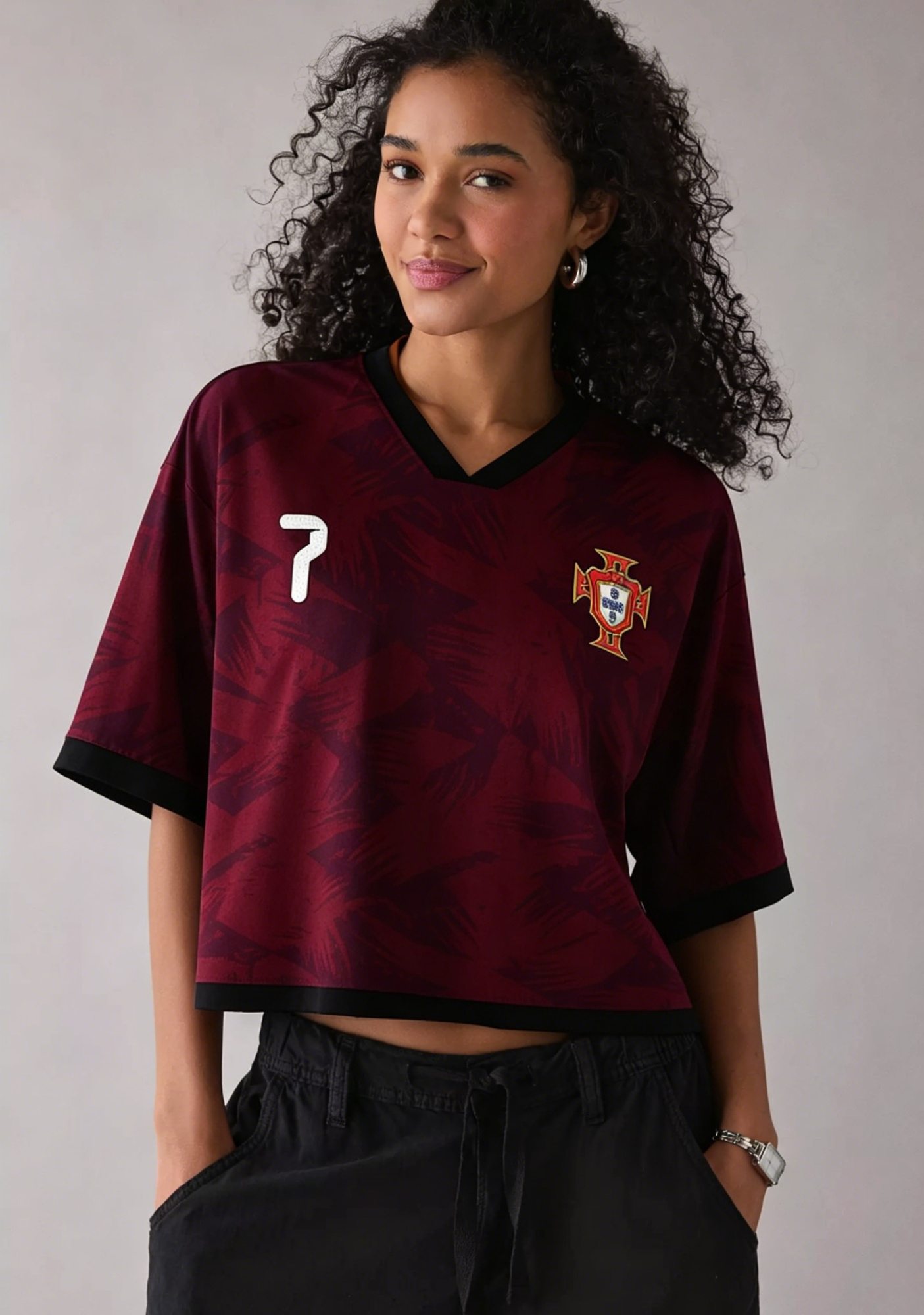 Portugal #7 Burgundy Cropped Mesh Jersey Shirt