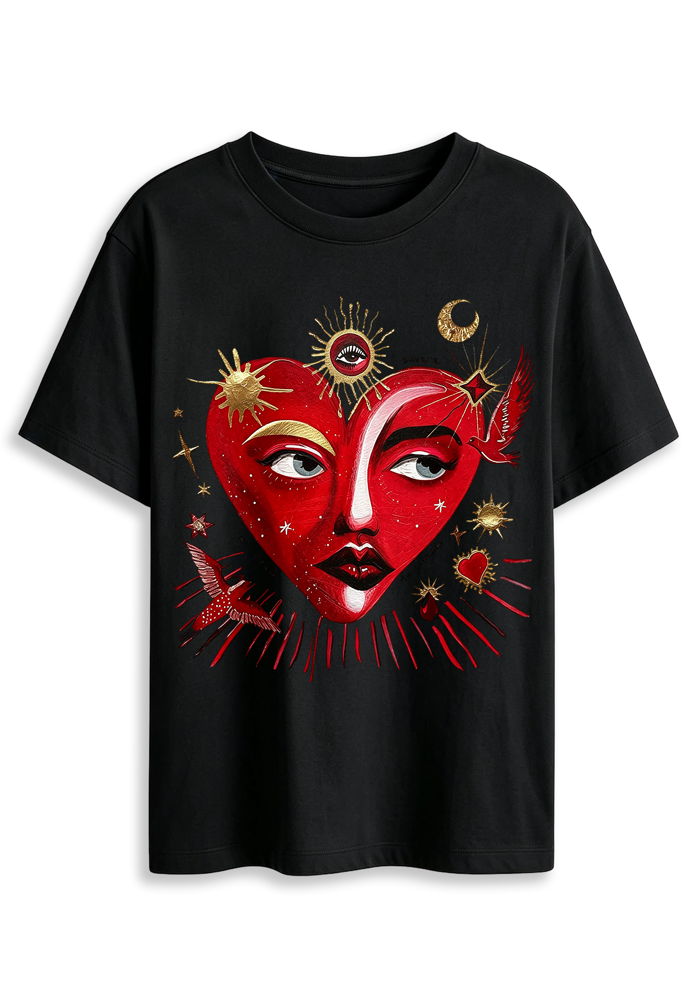 Sun Moon Star Bird Mystical Art Graphic T-Shirt