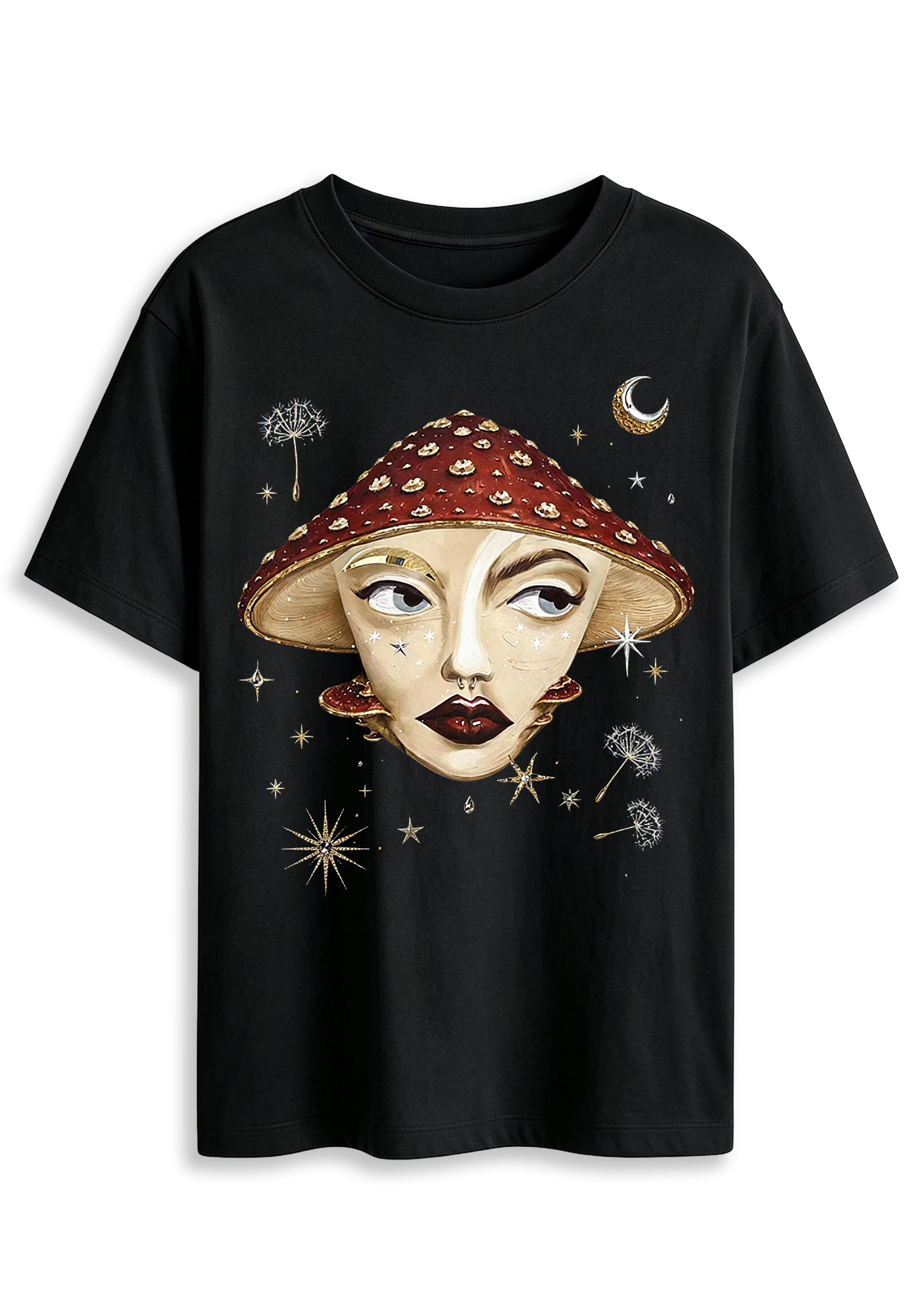 Mystical Mushroom Face Moon Star Whimsical Art Graphic T-Shirt