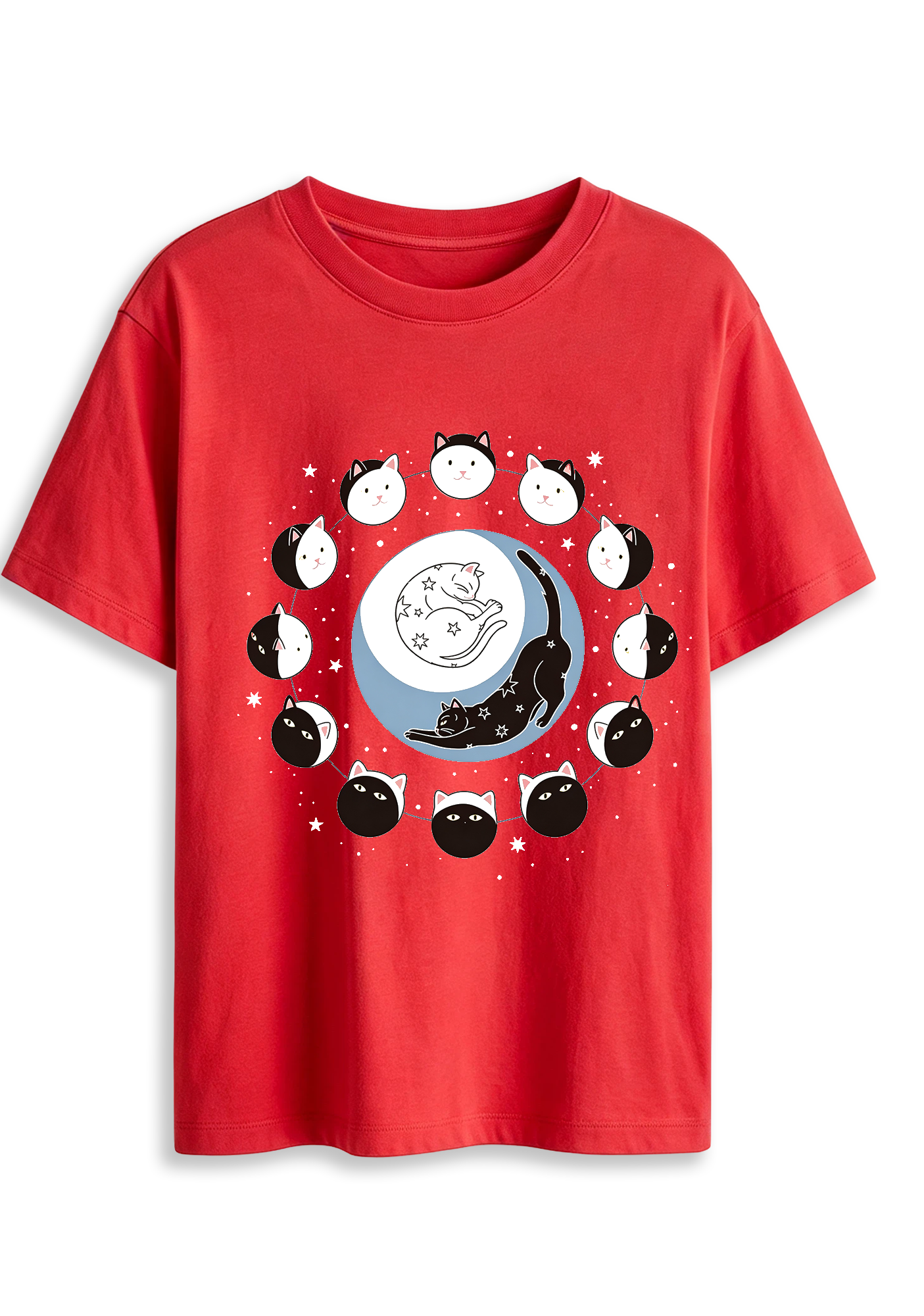 Cute Cat Moon Phase Starry Sky Kitten Graphic T-Shirt