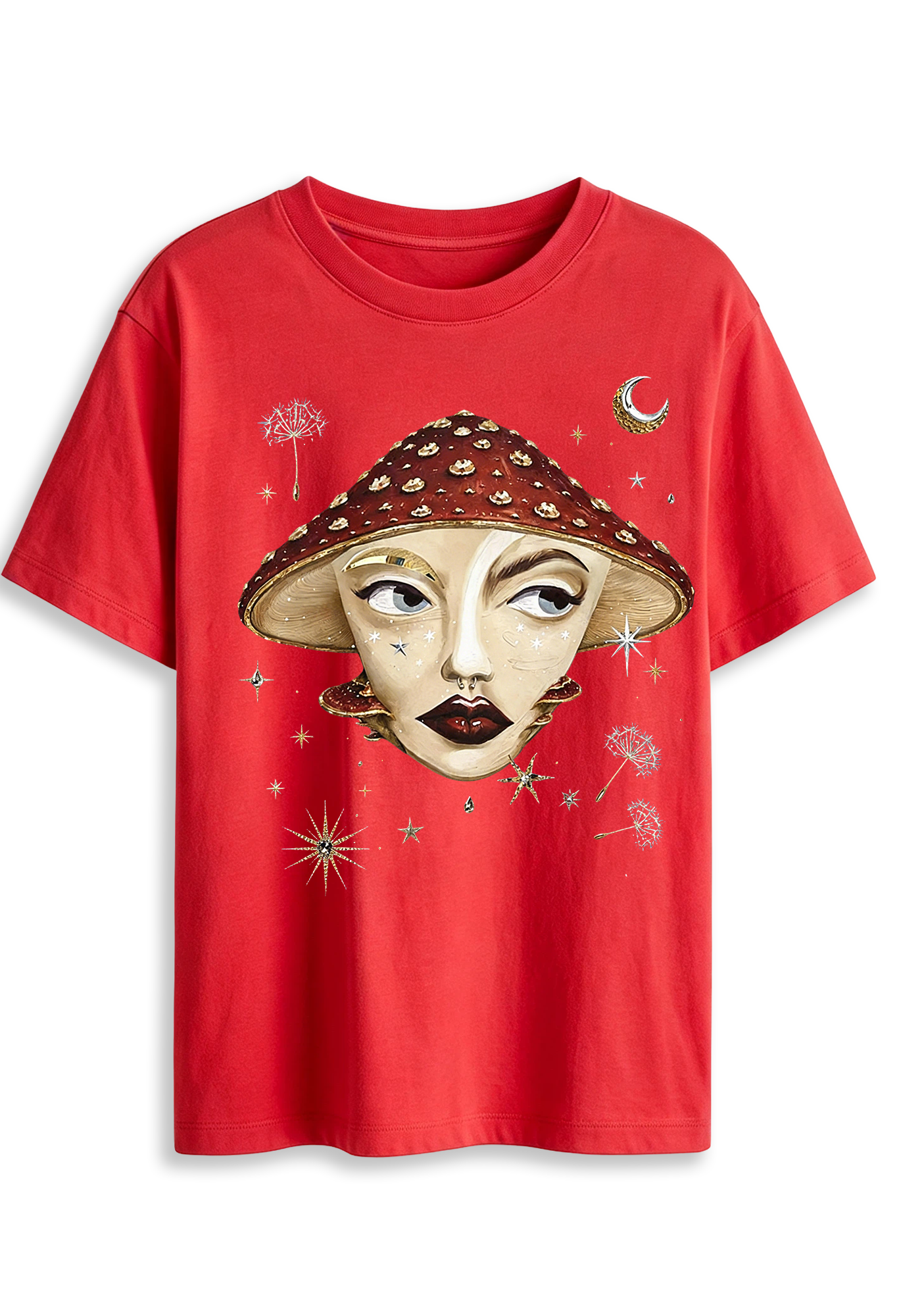 Mystical Mushroom Face Moon Star Whimsical Art Graphic T-Shirt
