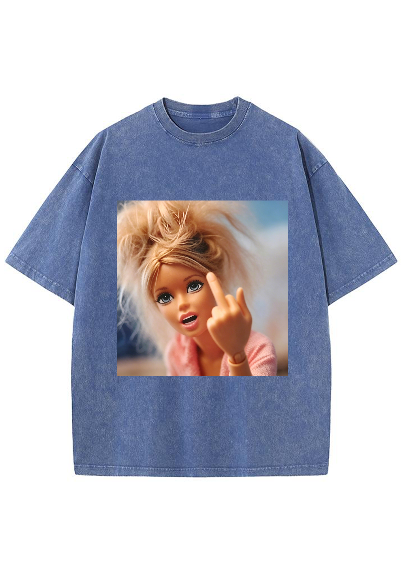 Messy Hair Middle Finger Barbie Meme Washed T-Shirt