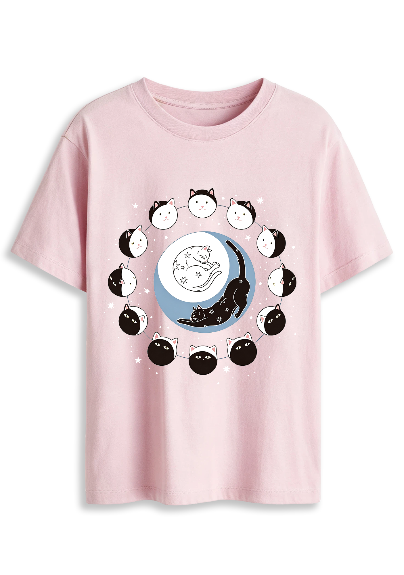 Cute Cat Moon Phase Starry Sky Kitten Graphic T-Shirt
