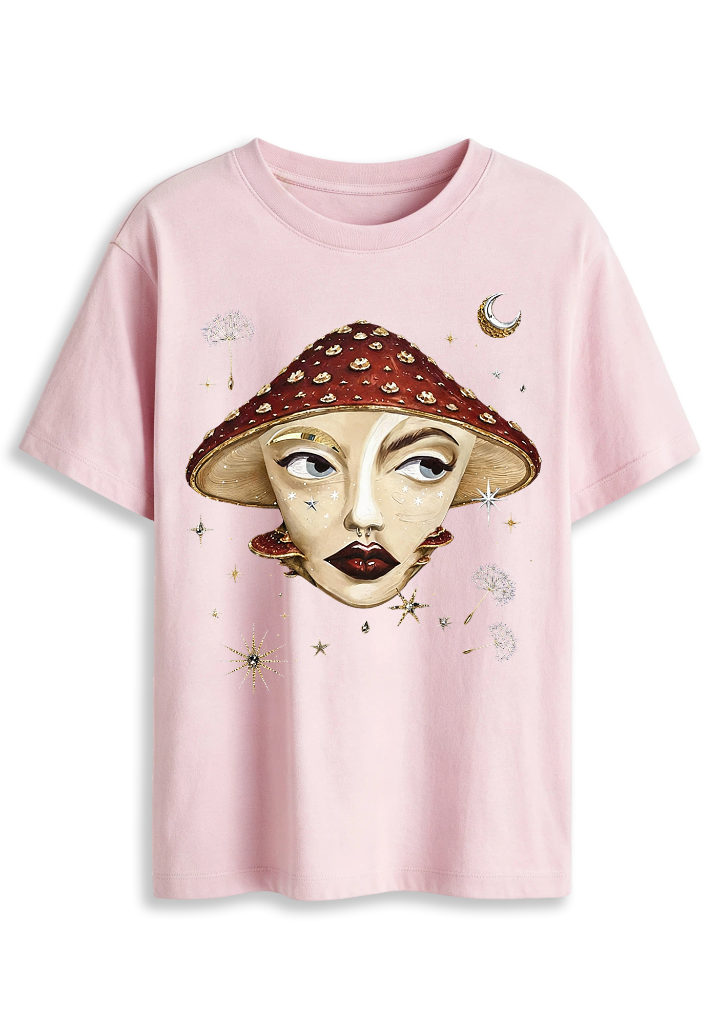 Mystical Mushroom Face Moon Star Whimsical Art Graphic T-Shirt