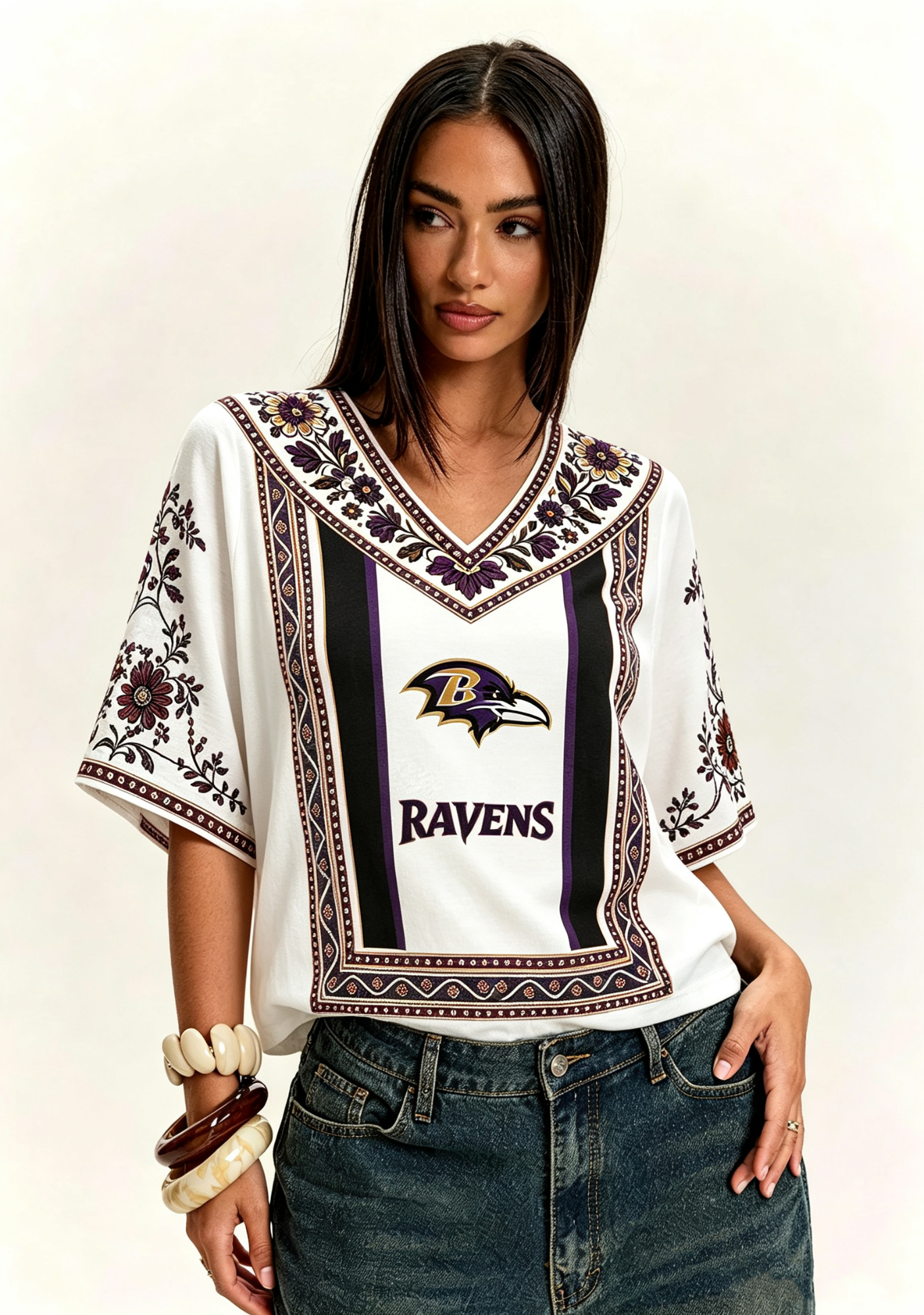 Boho Purple Gold Floral Baltimore Ravens V-Neck Blouse