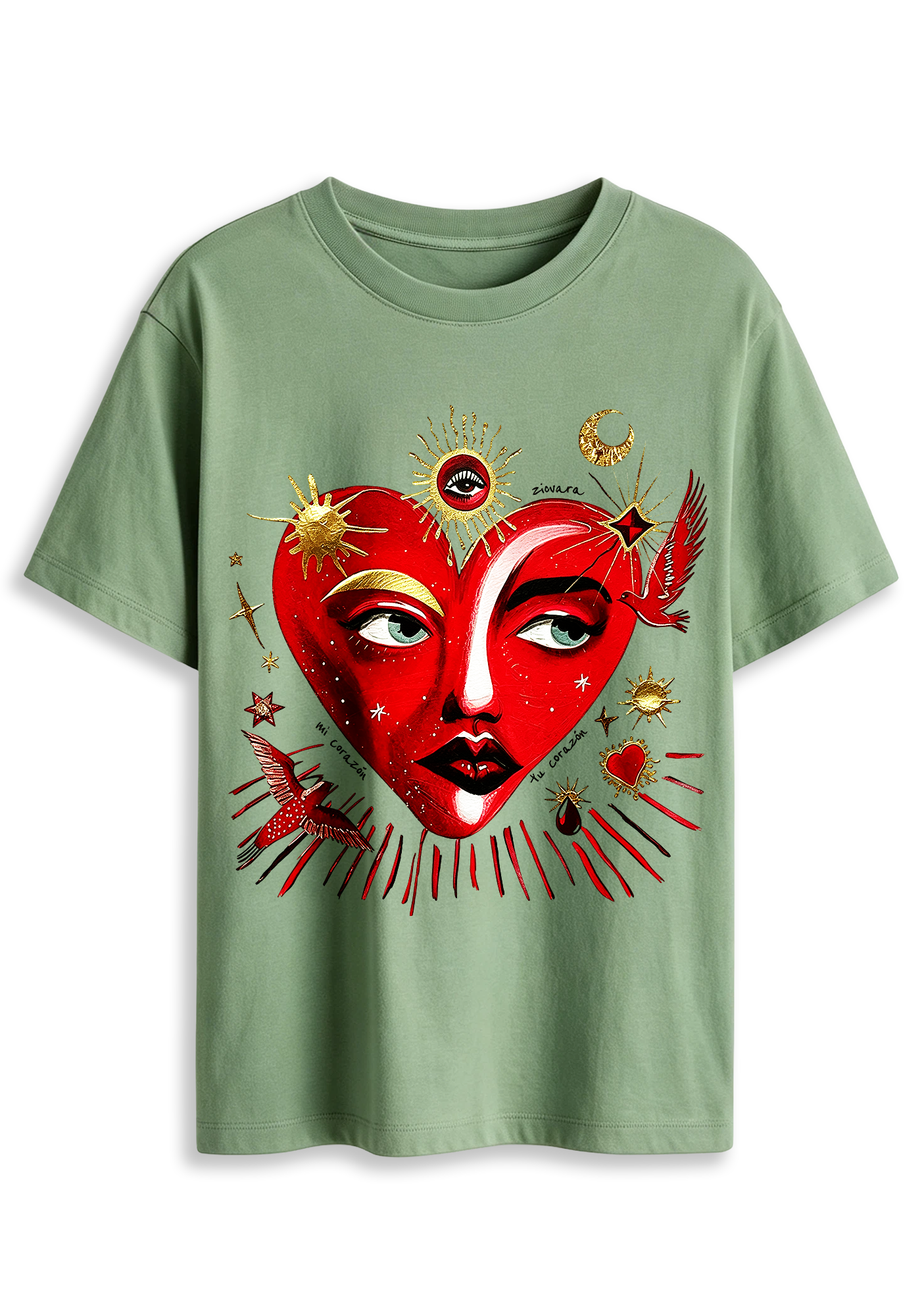 Sun Moon Star Bird Mystical Art Graphic T-Shirt