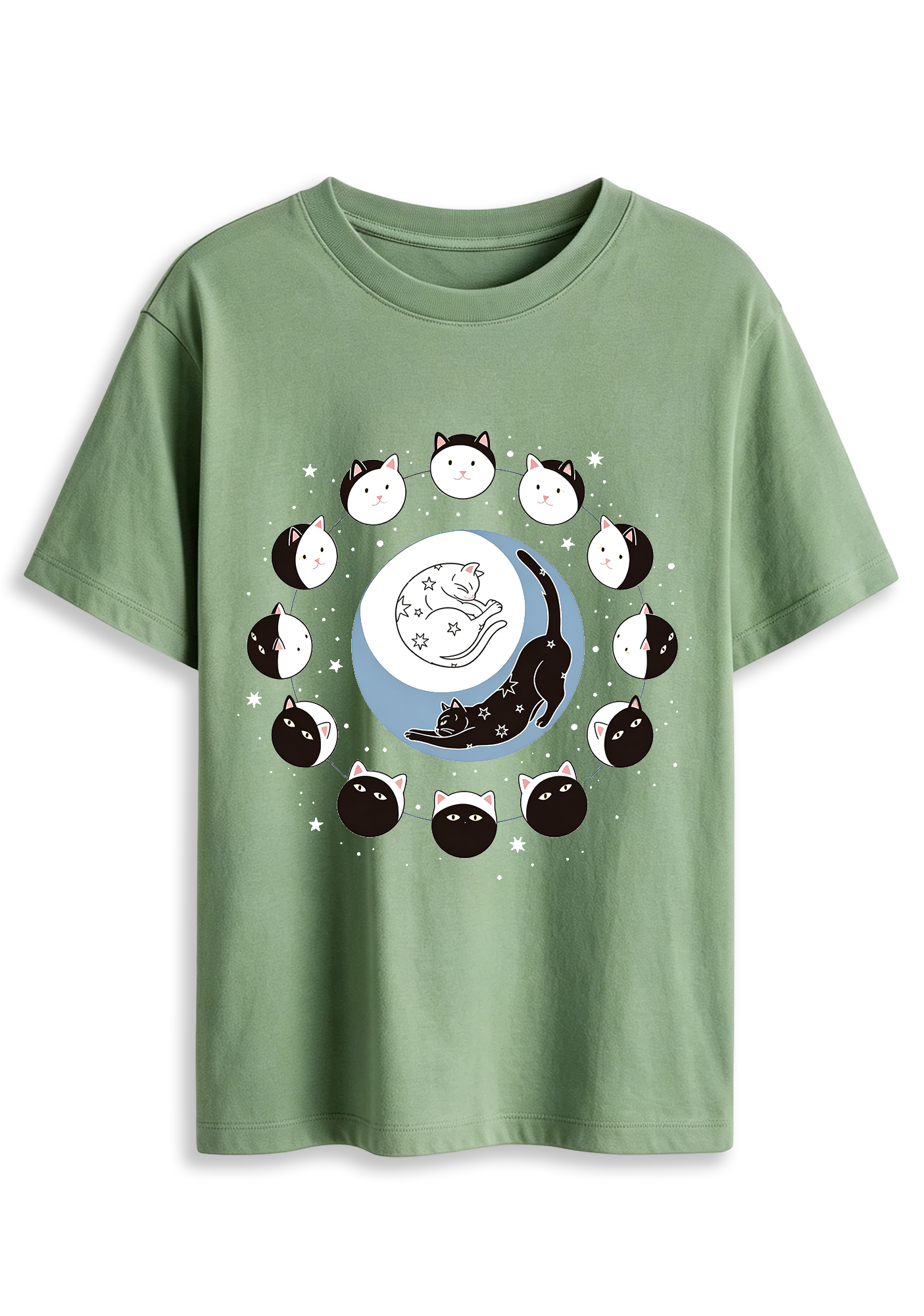 Cute Cat Moon Phase Starry Sky Kitten Graphic T-Shirt