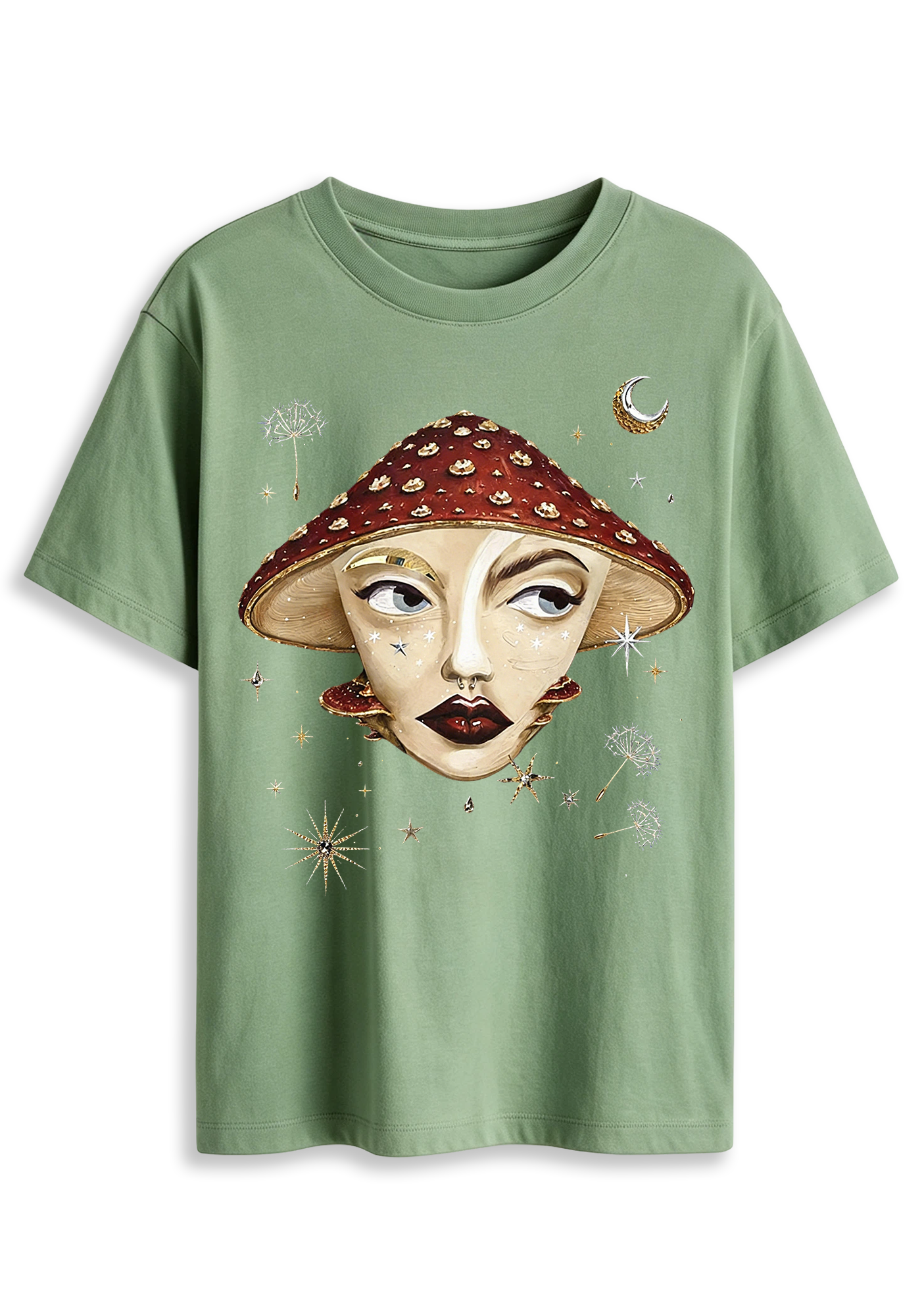 Mystical Mushroom Face Moon Star Whimsical Art Graphic T-Shirt