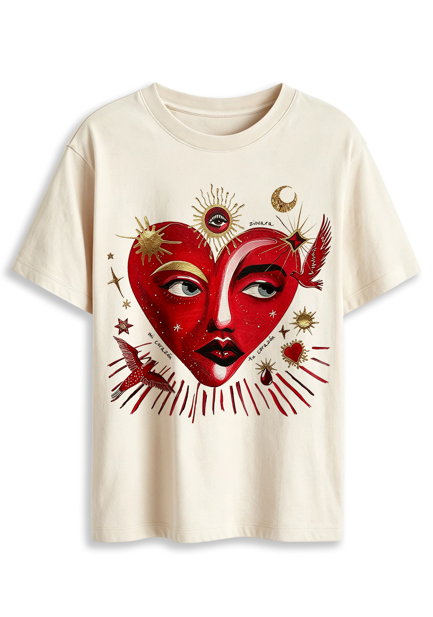 Sun Moon Star Bird Mystical Art Graphic T-Shirt