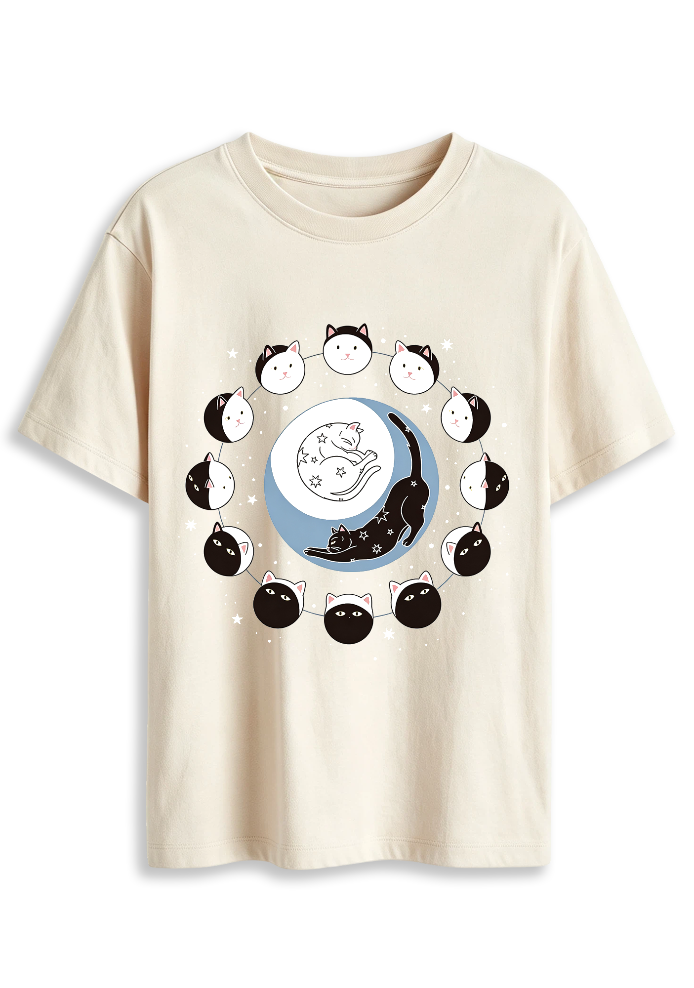 Cute Cat Moon Phase Starry Sky Kitten Graphic T-Shirt