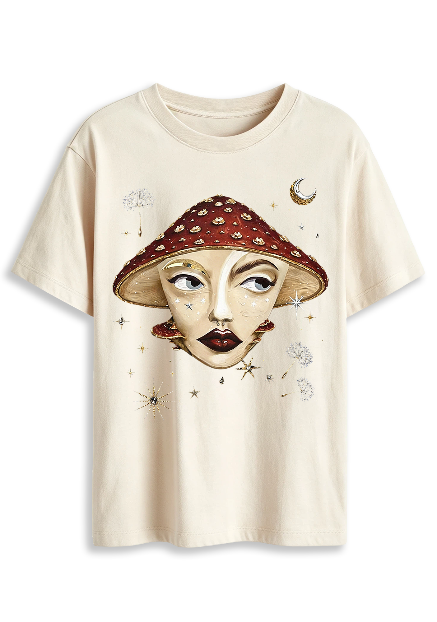 Mystical Mushroom Face Moon Star Whimsical Art Graphic T-Shirt