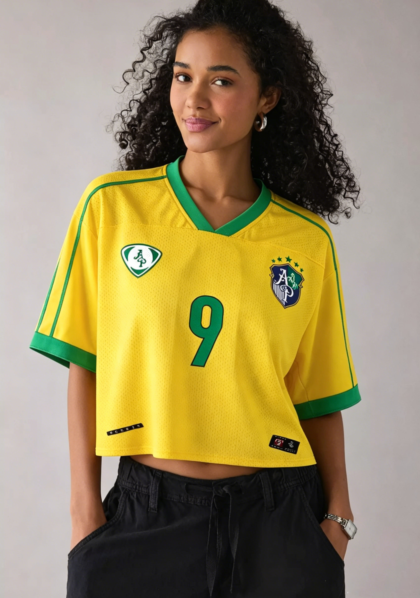 Vintage Yellow & Green Brazil #9 Cropped Mesh Jersey Shirt