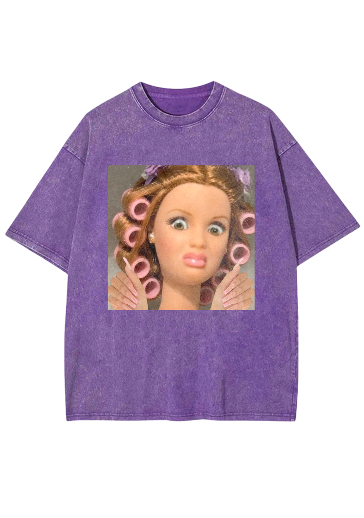 Hair Roller Barbie With Long Nails Meme Y2K Washed Tee