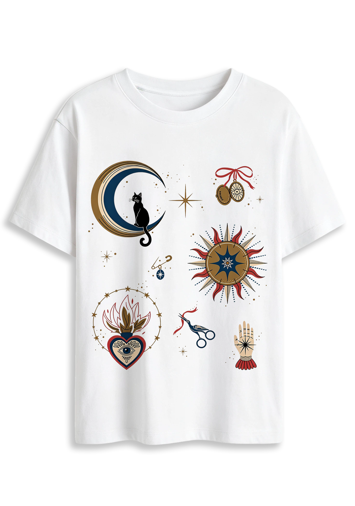 Mystical Black Cat On Crescent Moon Graphic T-Shirt