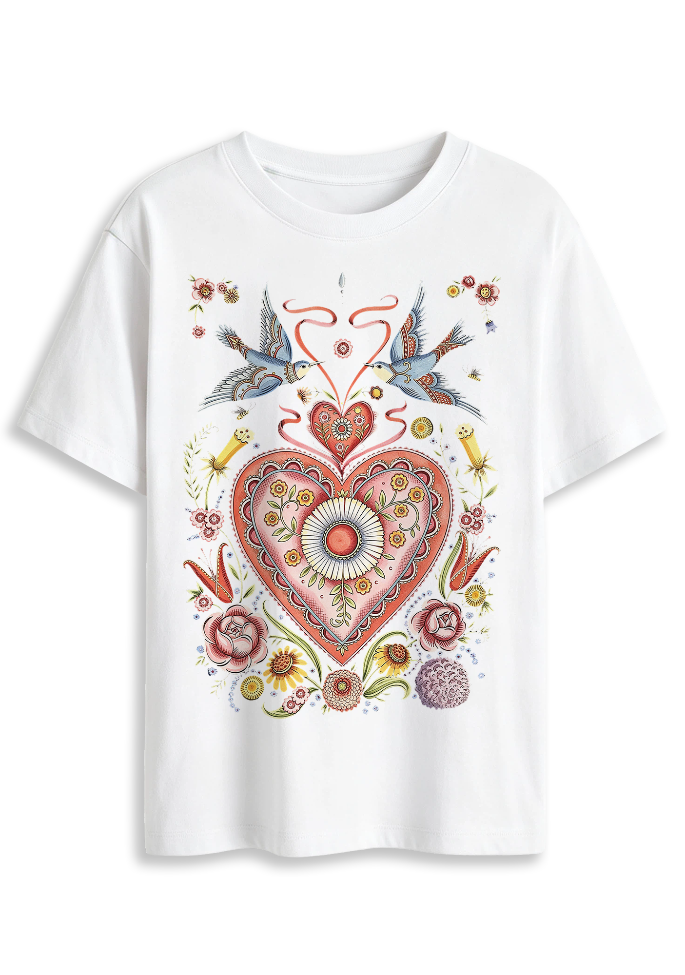Folk Art Sacred Heart Swallow Floral Graphic T-Shirt