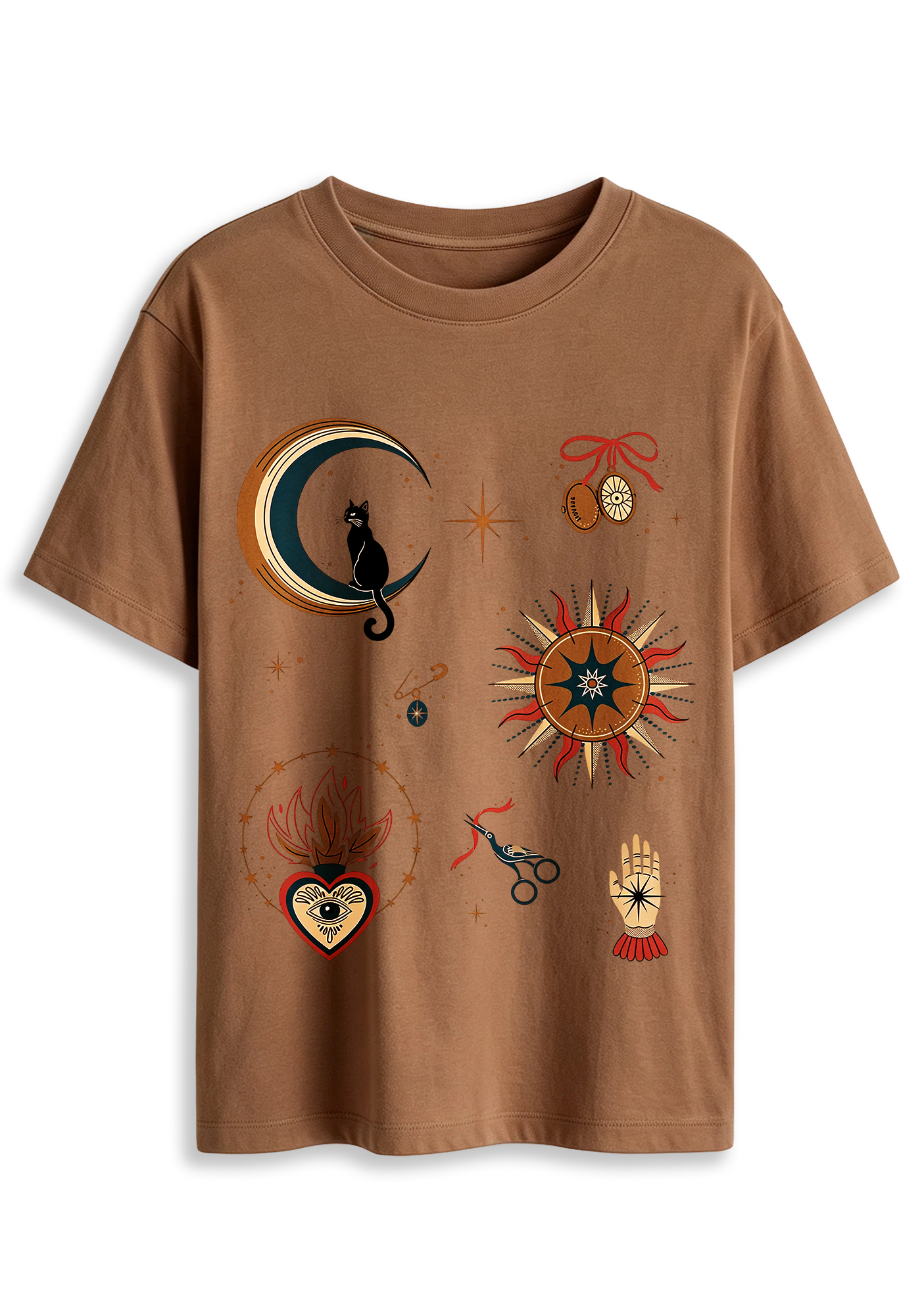 Mystical Black Cat On Crescent Moon Graphic T-Shirt