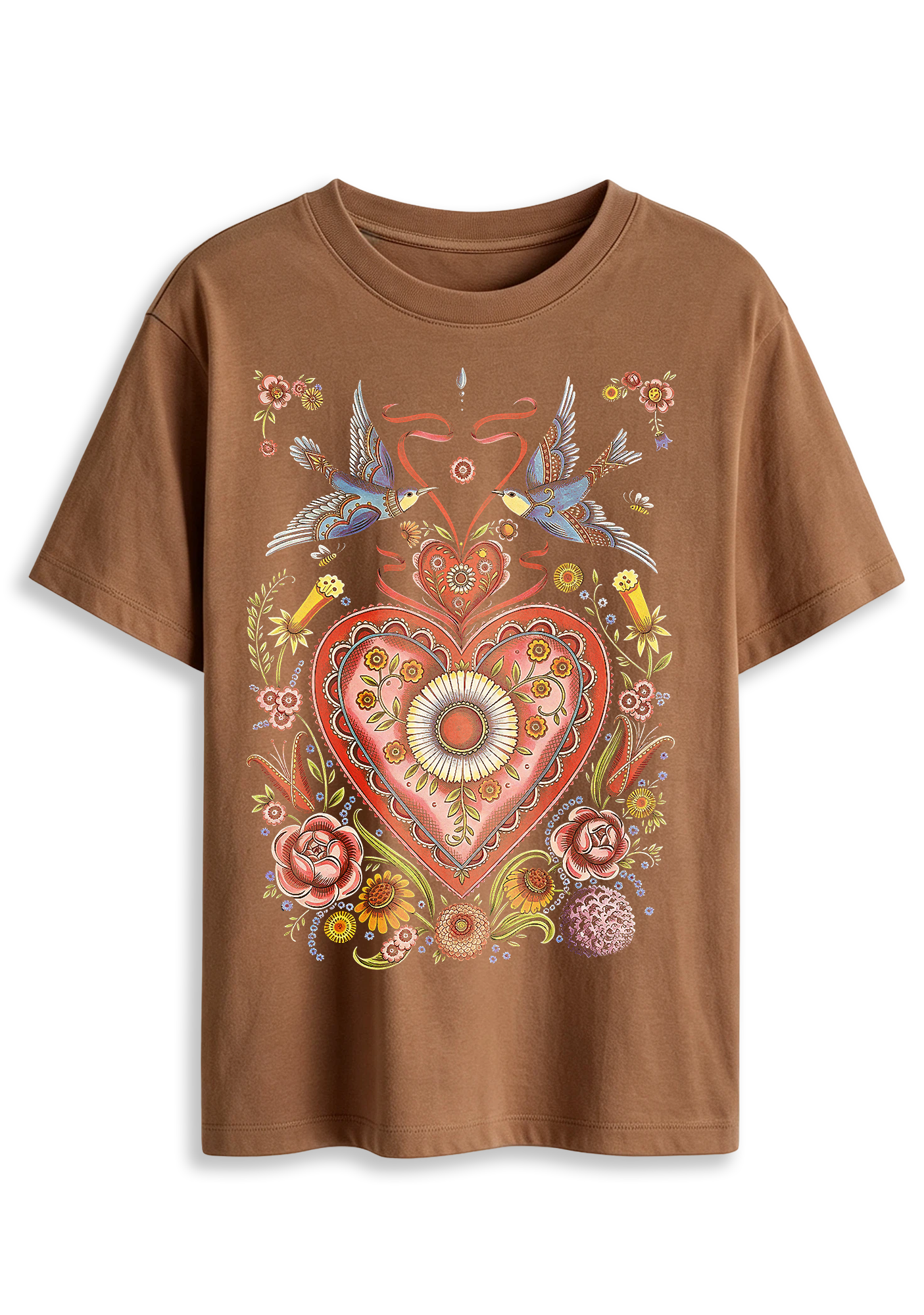 Folk Art Sacred Heart Swallow Floral Graphic T-Shirt