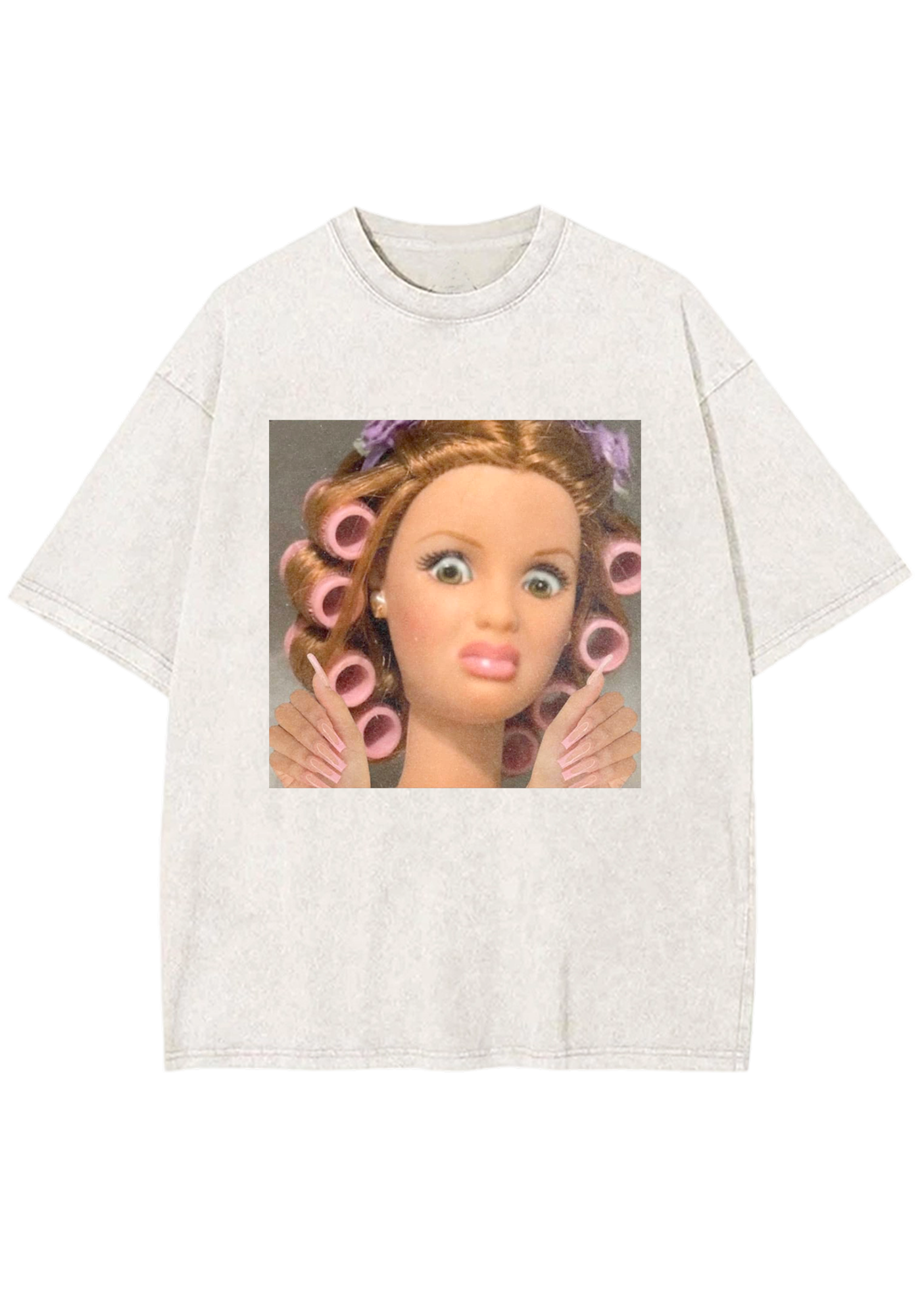 Hair Roller Barbie With Long Nails Meme Y2K Washed Tee