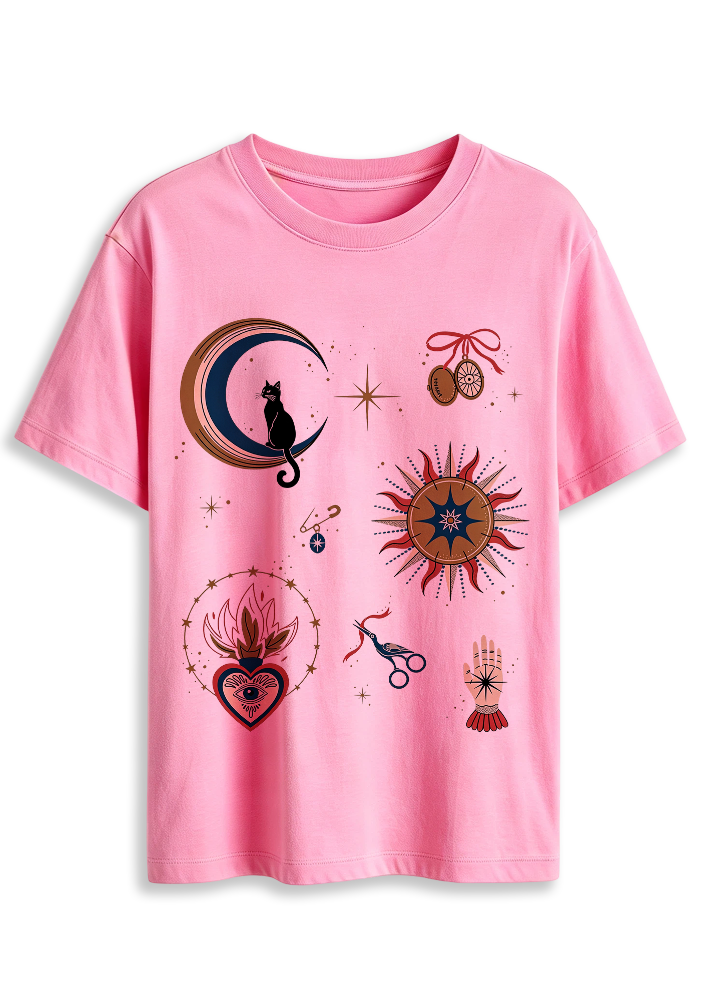 Mystical Black Cat On Crescent Moon Graphic T-Shirt