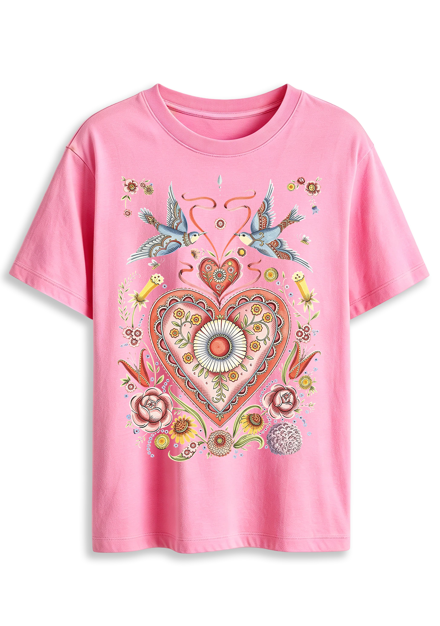 Folk Art Sacred Heart Swallow Floral Graphic T-Shirt