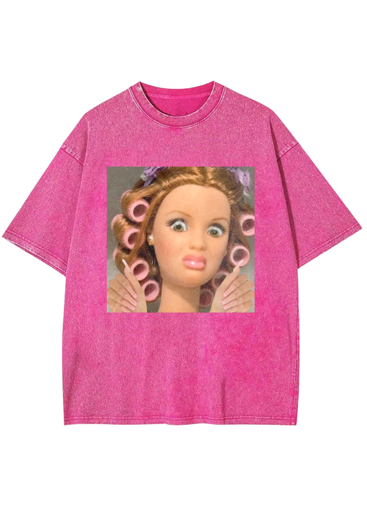 Hair Roller Barbie With Long Nails Meme Y2K Washed Tee