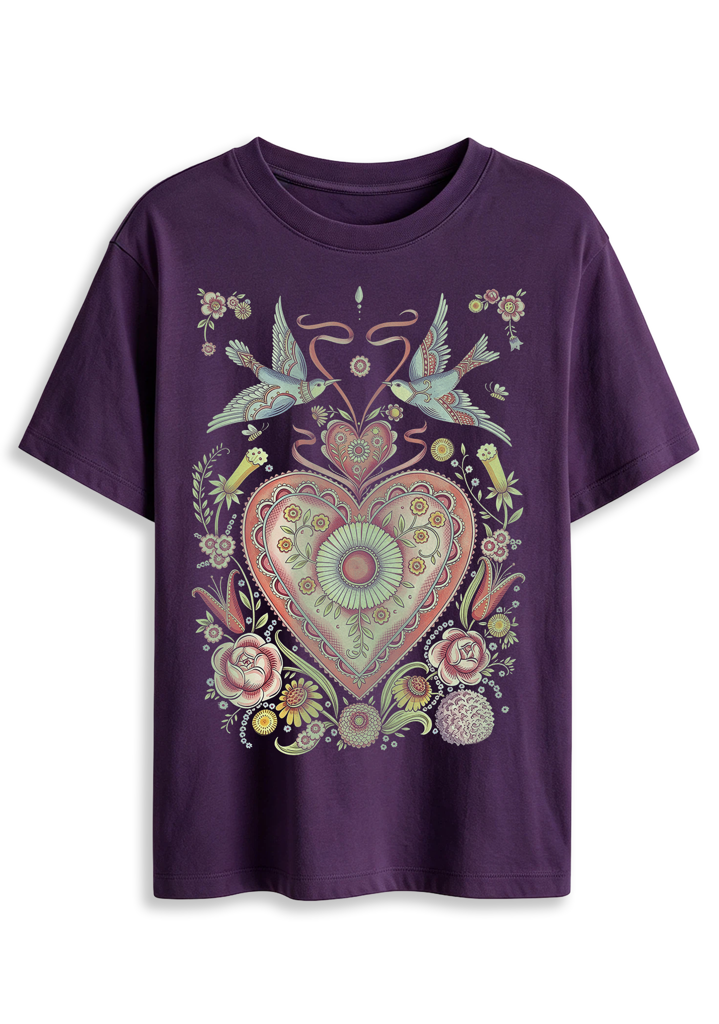 Folk Art Sacred Heart Swallow Floral Graphic T-Shirt