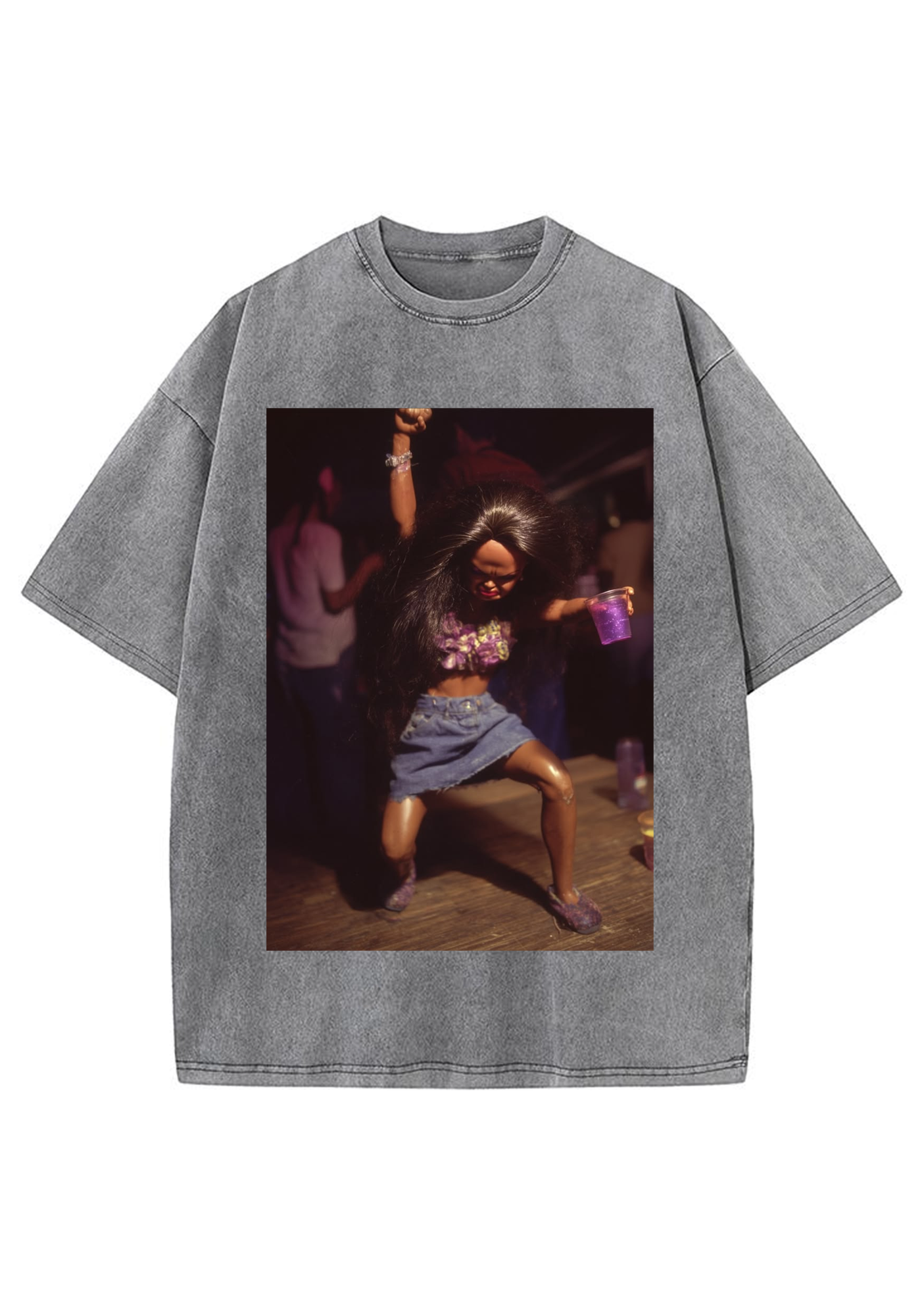 Party Barbie Doll Dancing With Purple Cup Washed Tee