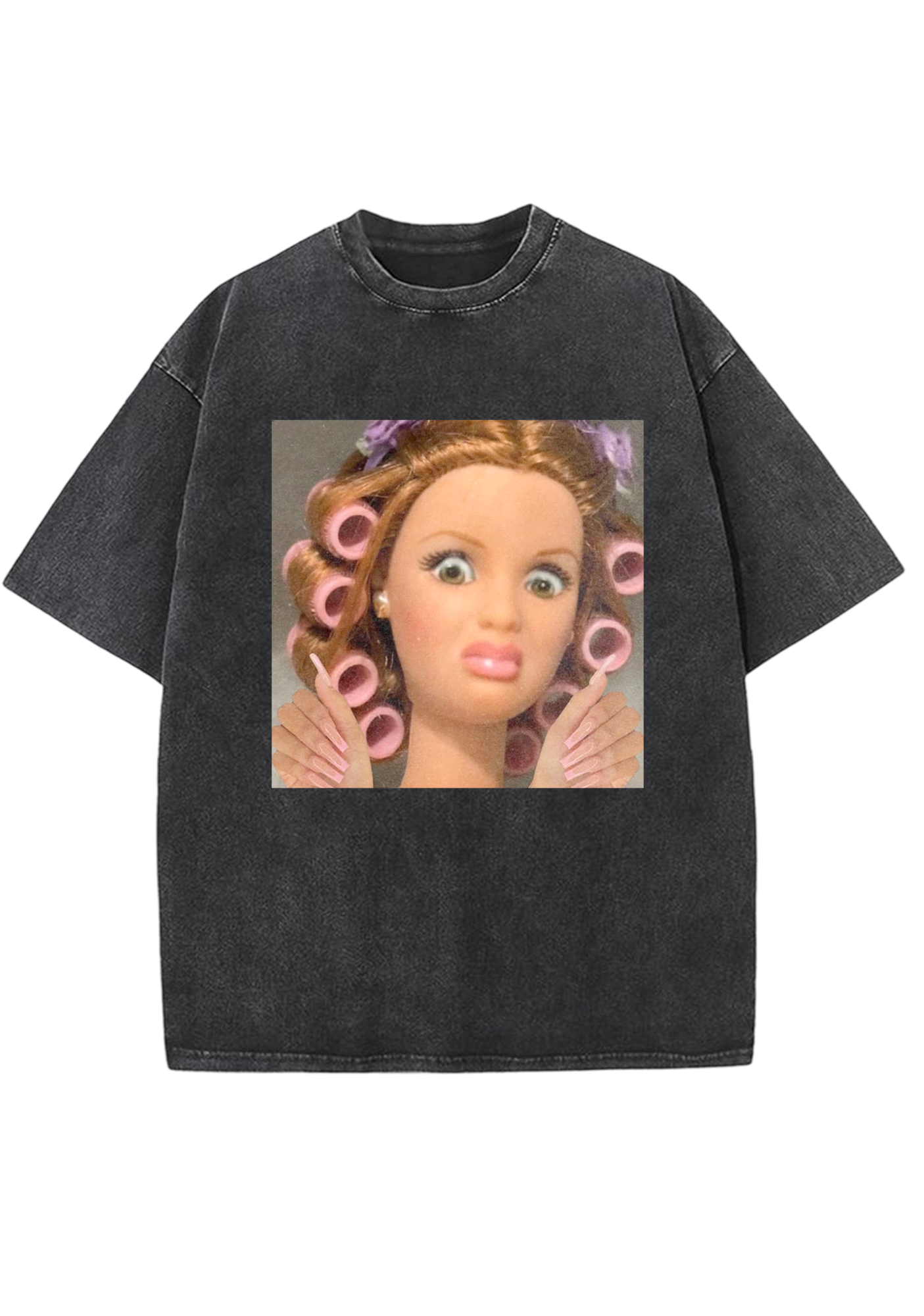 Hair Roller Barbie With Long Nails Meme Y2K Washed Tee