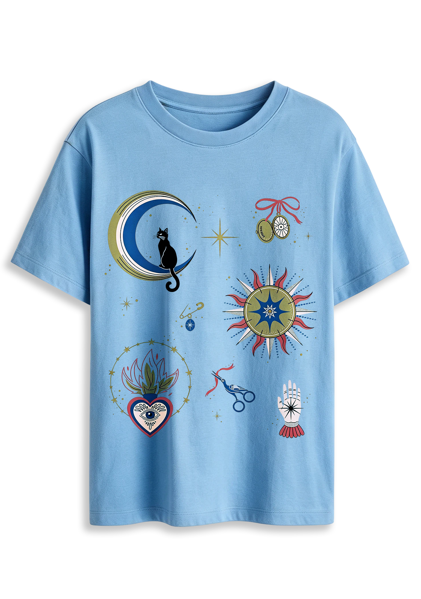 Mystical Black Cat On Crescent Moon Graphic T-Shirt
