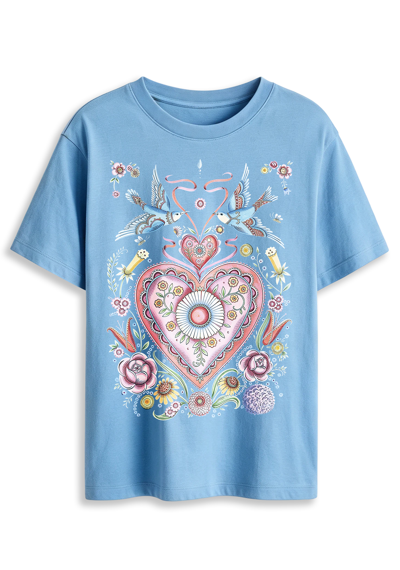 Folk Art Sacred Heart Swallow Floral Graphic T-Shirt