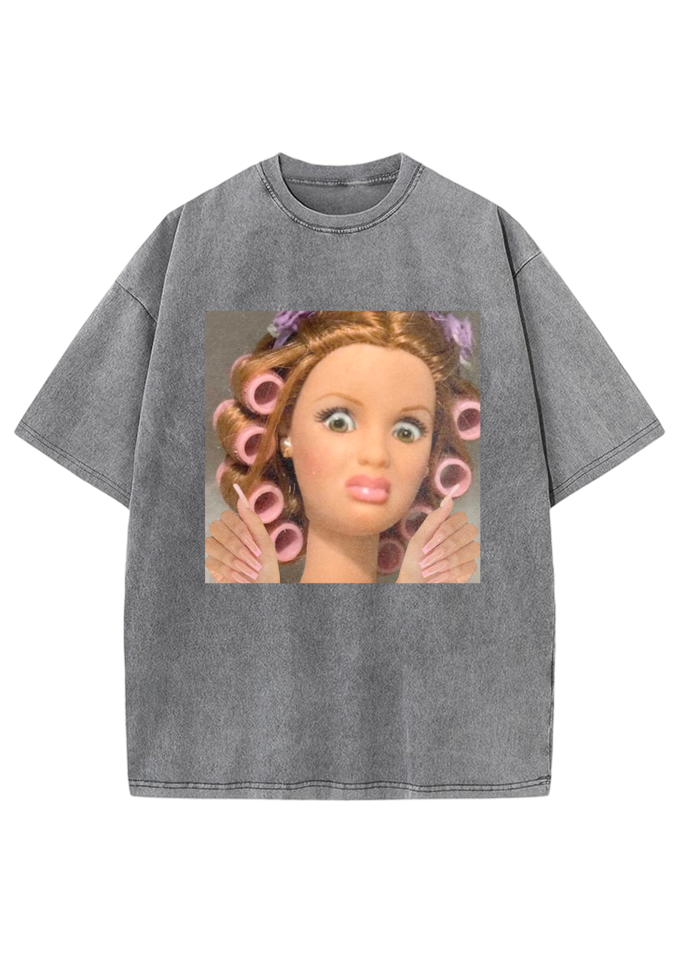 Hair Roller Barbie With Long Nails Meme Y2K Washed Tee