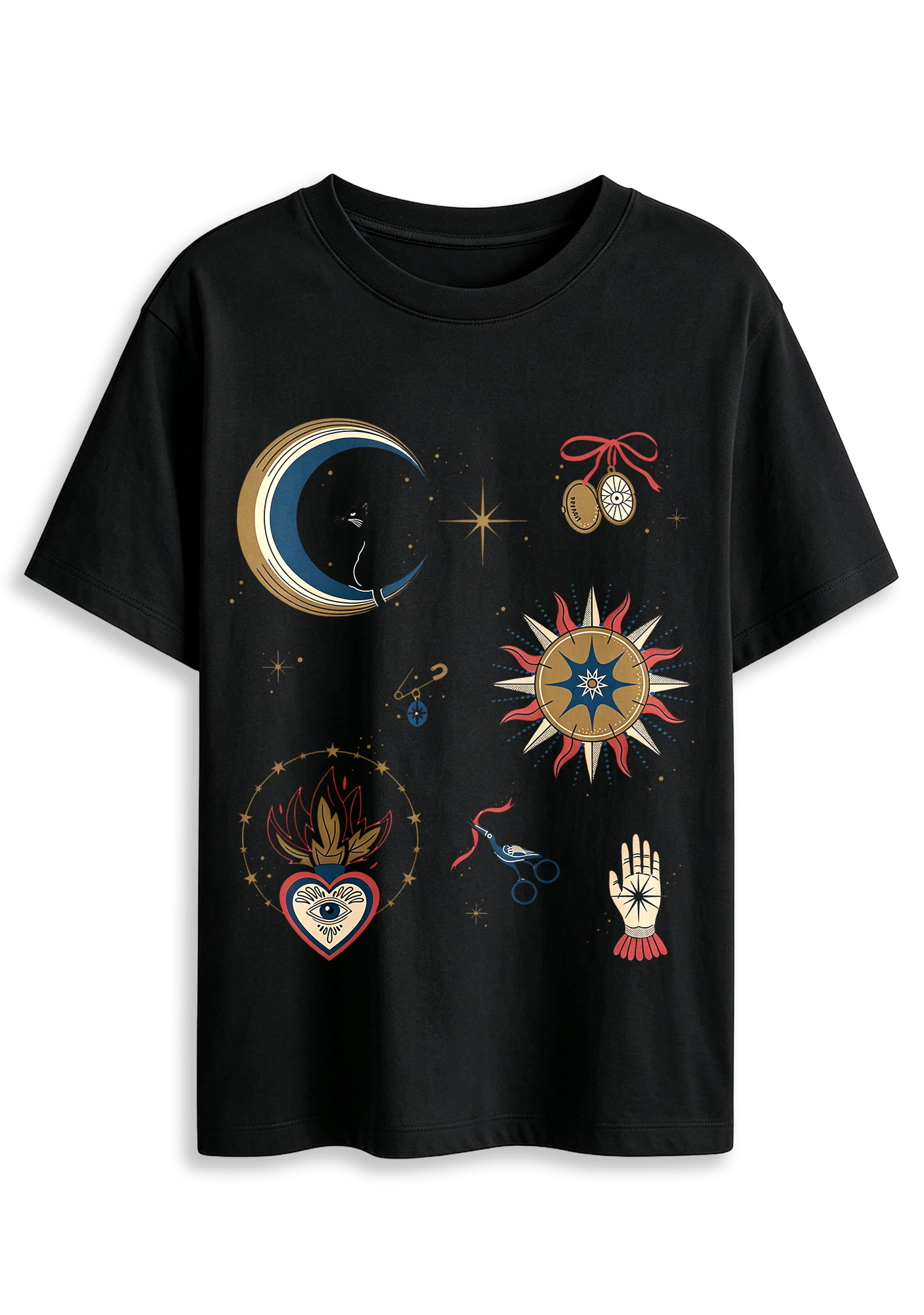 Mystical Black Cat On Crescent Moon Graphic T-Shirt