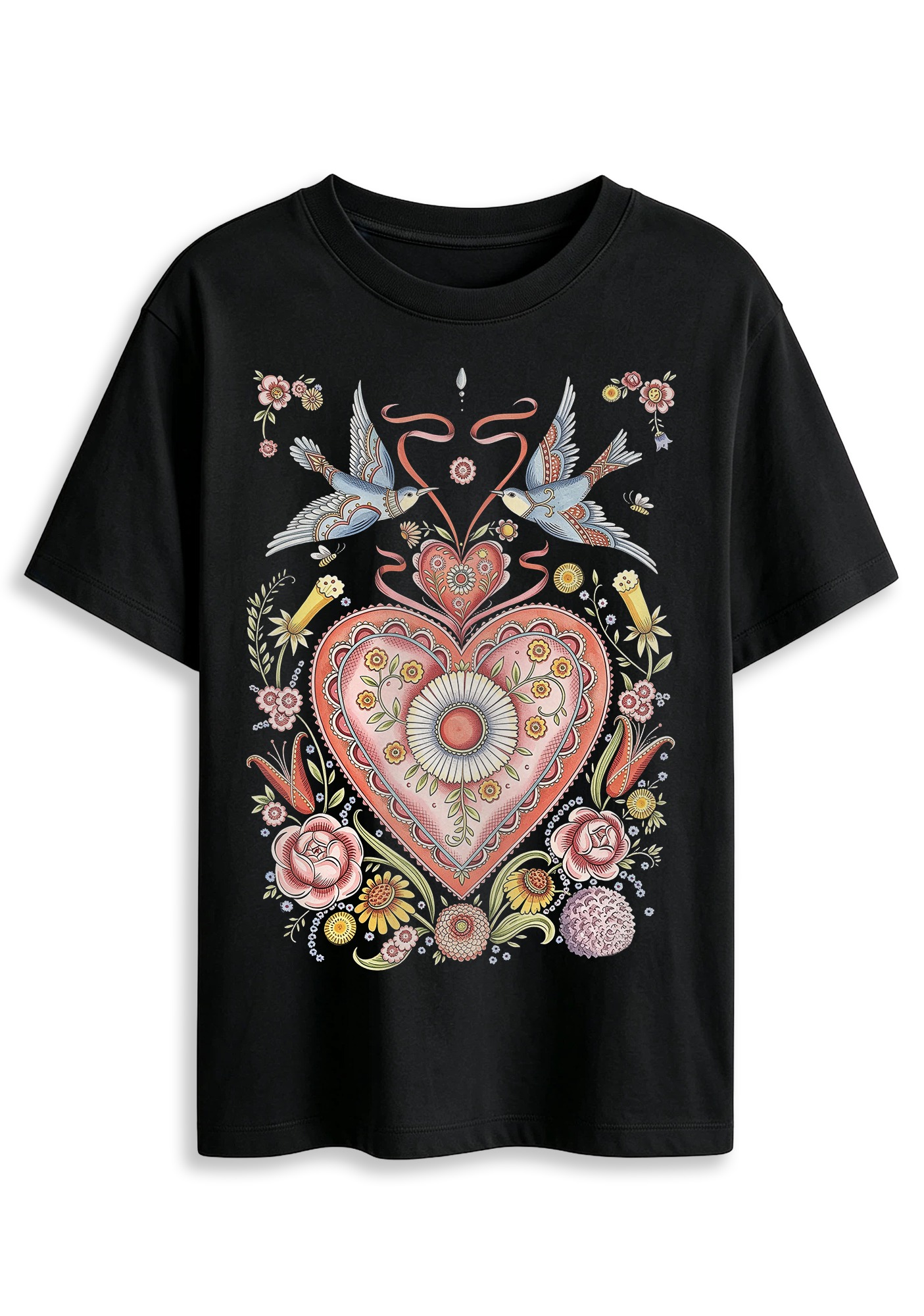 Folk Art Sacred Heart Swallow Floral Graphic T-Shirt