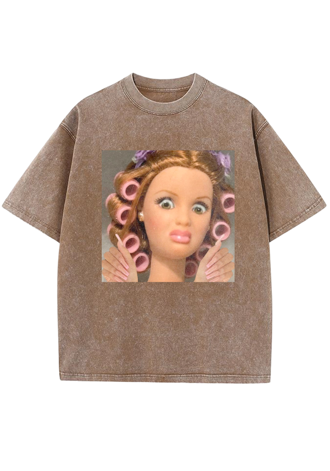 Hair Roller Barbie With Long Nails Meme Y2K Washed Tee