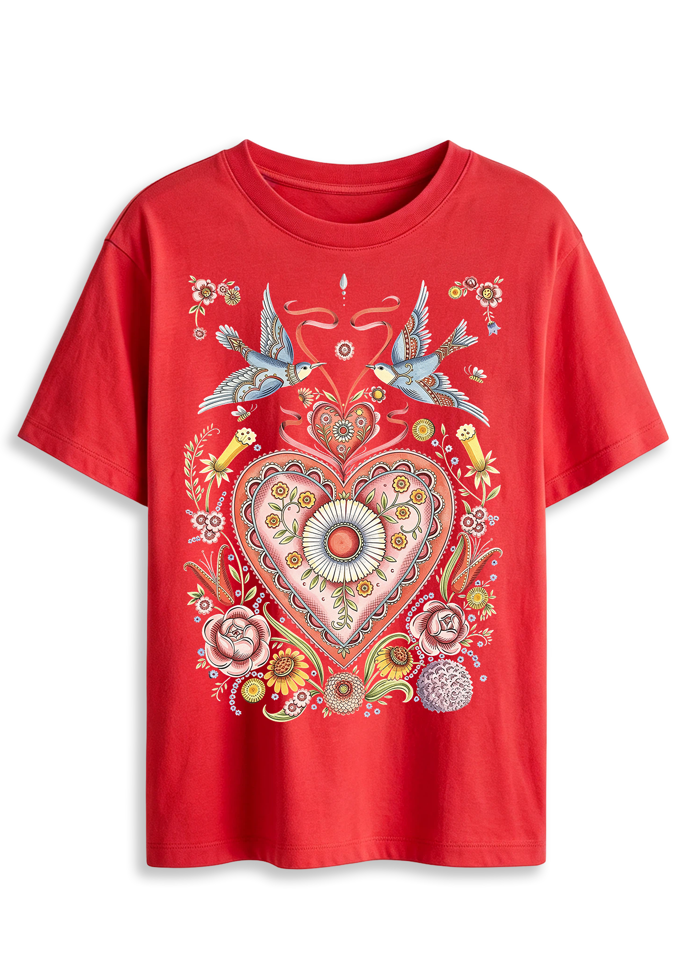 Folk Art Sacred Heart Swallow Floral Graphic T-Shirt
