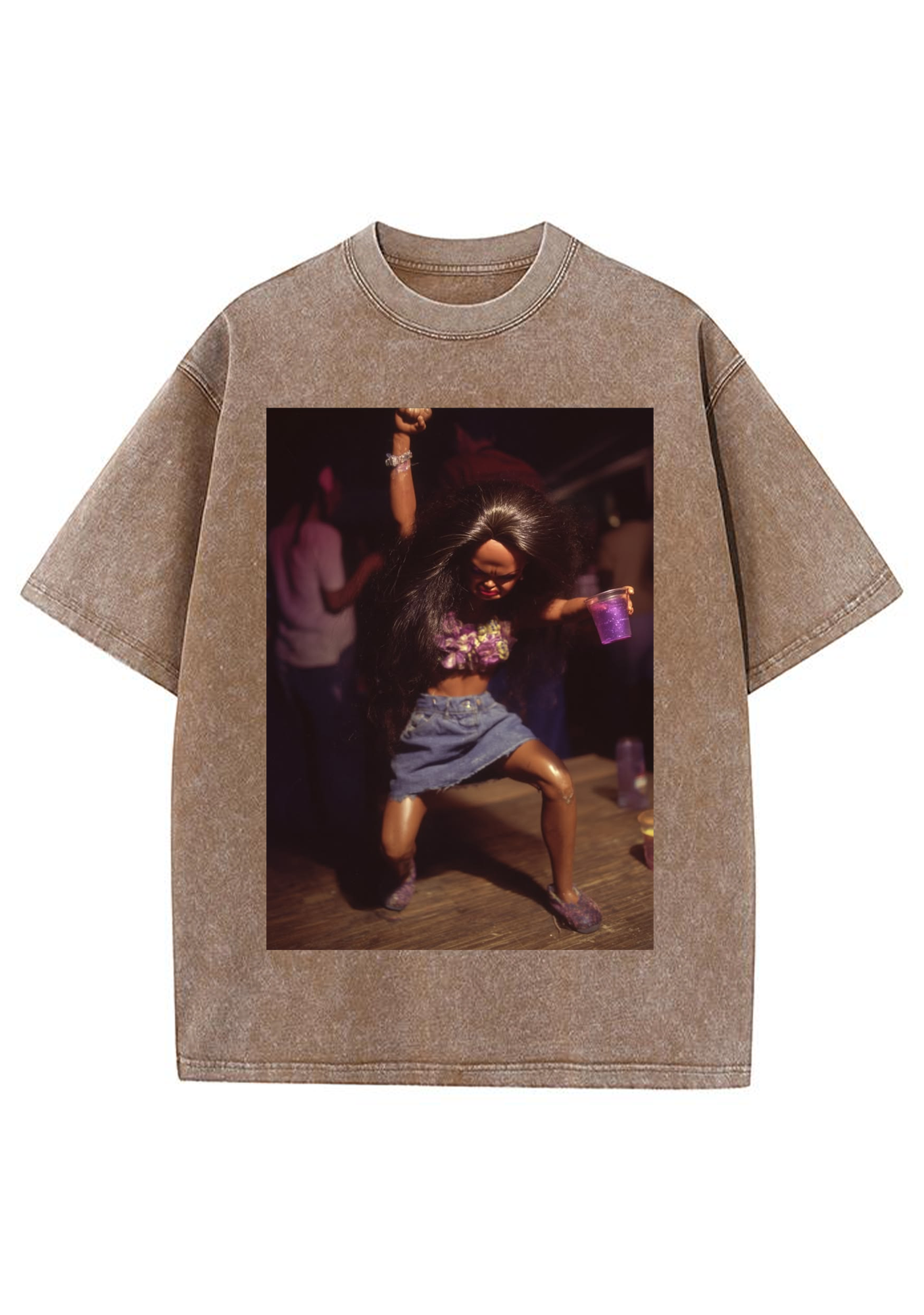 Party Barbie Doll Dancing With Purple Cup Washed Tee