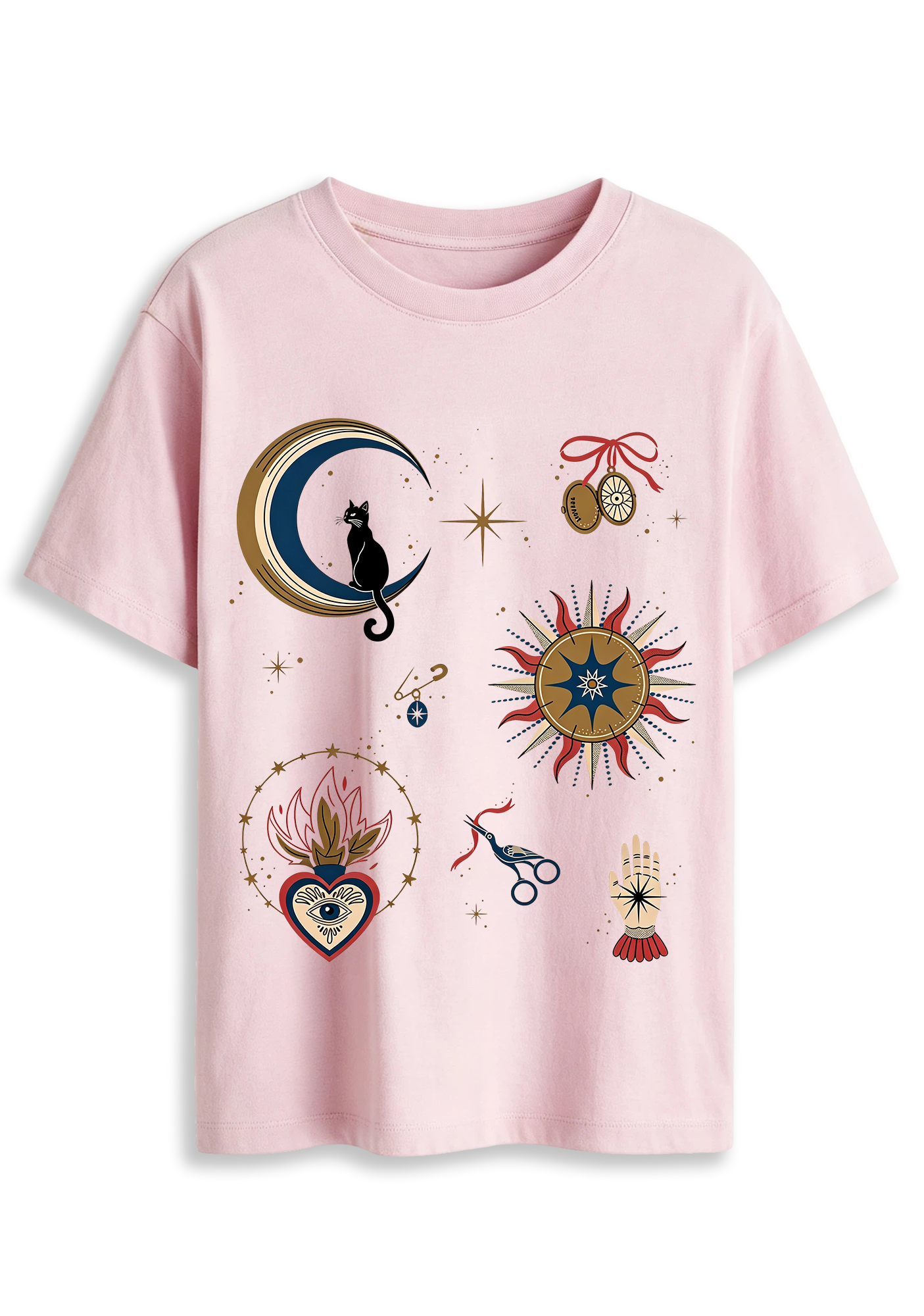 Mystical Black Cat On Crescent Moon Graphic T-Shirt