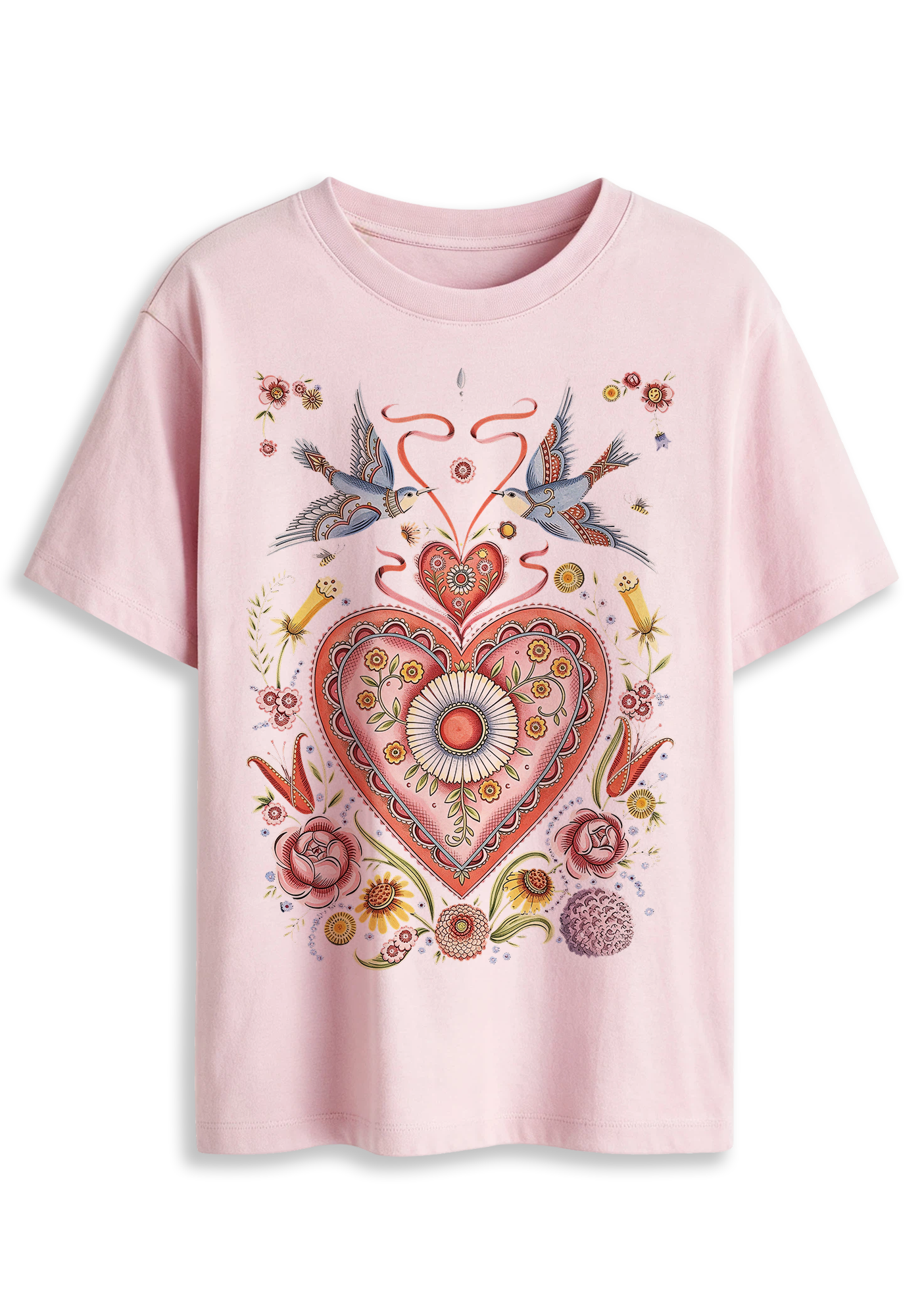 Folk Art Sacred Heart Swallow Floral Graphic T-Shirt