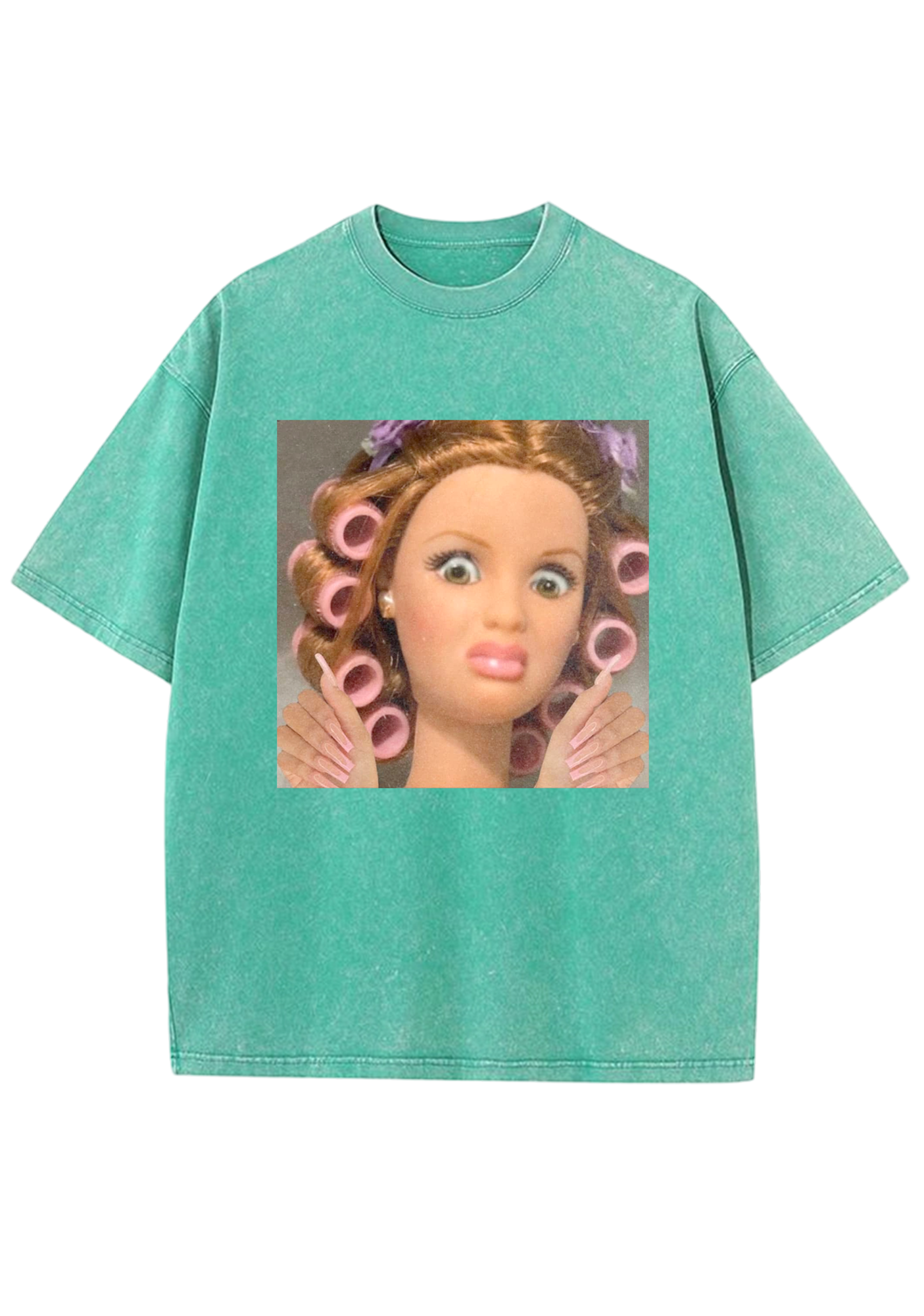 Hair Roller Barbie With Long Nails Meme Y2K Washed Tee