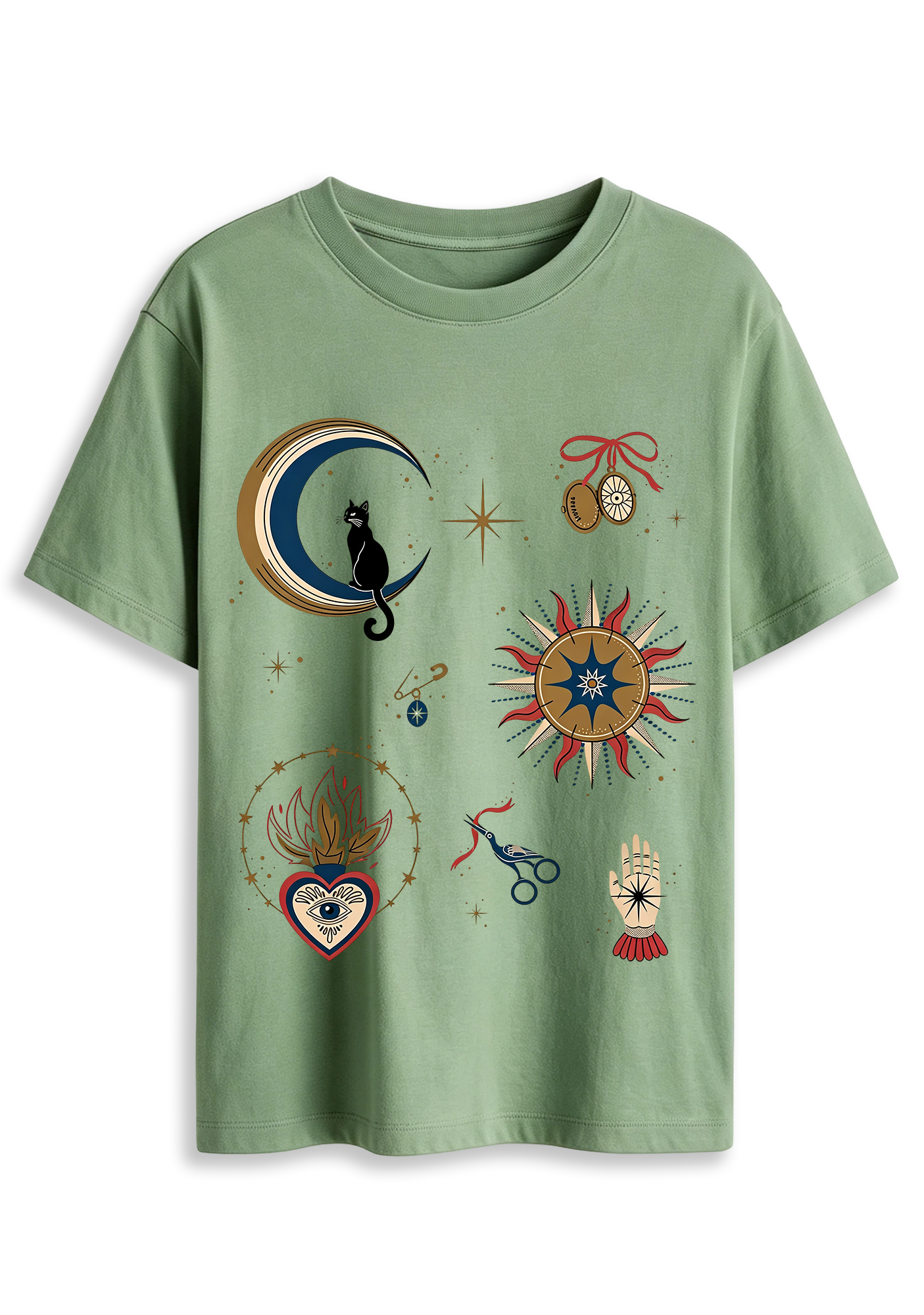 Mystical Black Cat On Crescent Moon Graphic T-Shirt