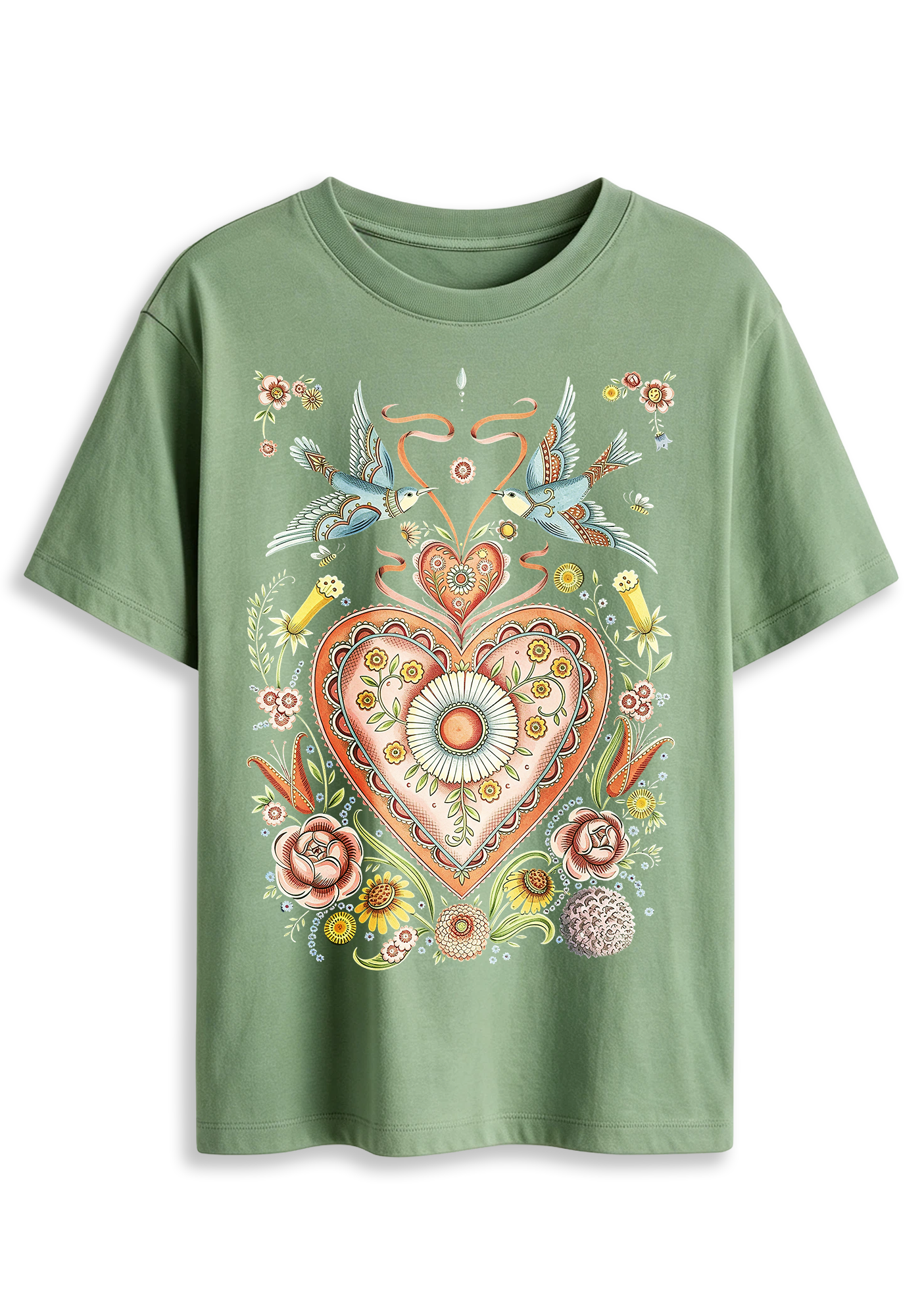 Folk Art Sacred Heart Swallow Floral Graphic T-Shirt