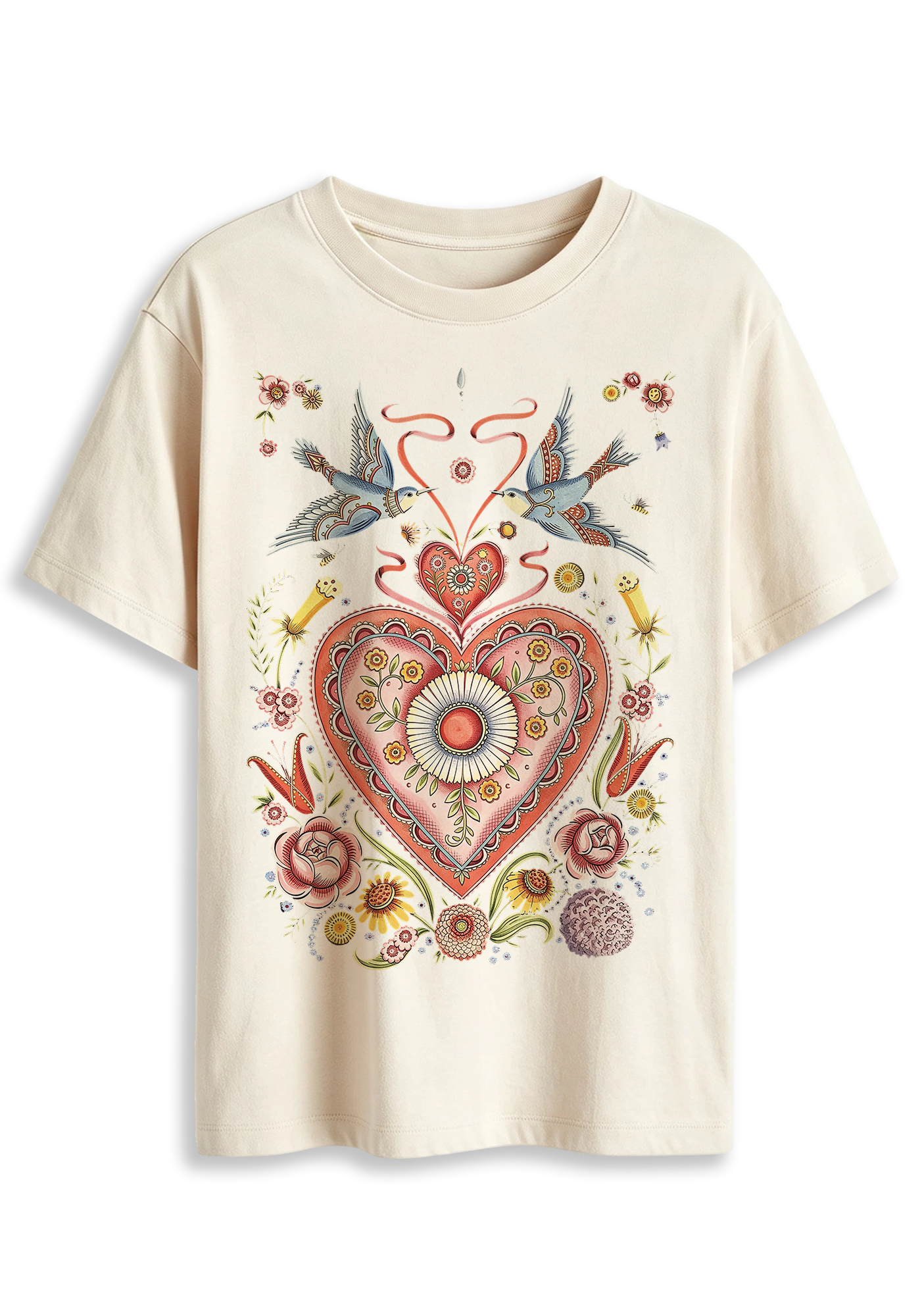 Folk Art Sacred Heart Swallow Floral Graphic T-Shirt