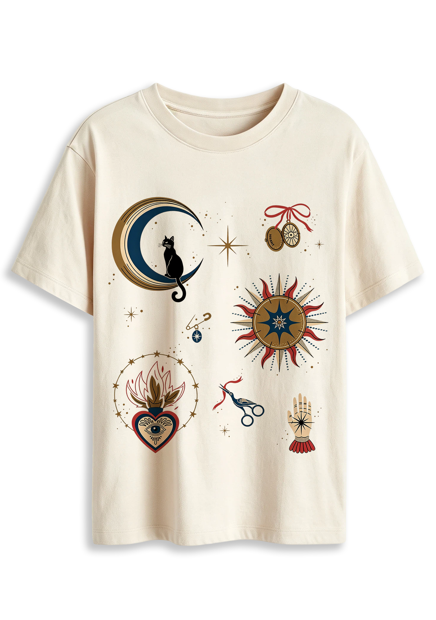 Mystical Black Cat On Crescent Moon Graphic T-Shirt